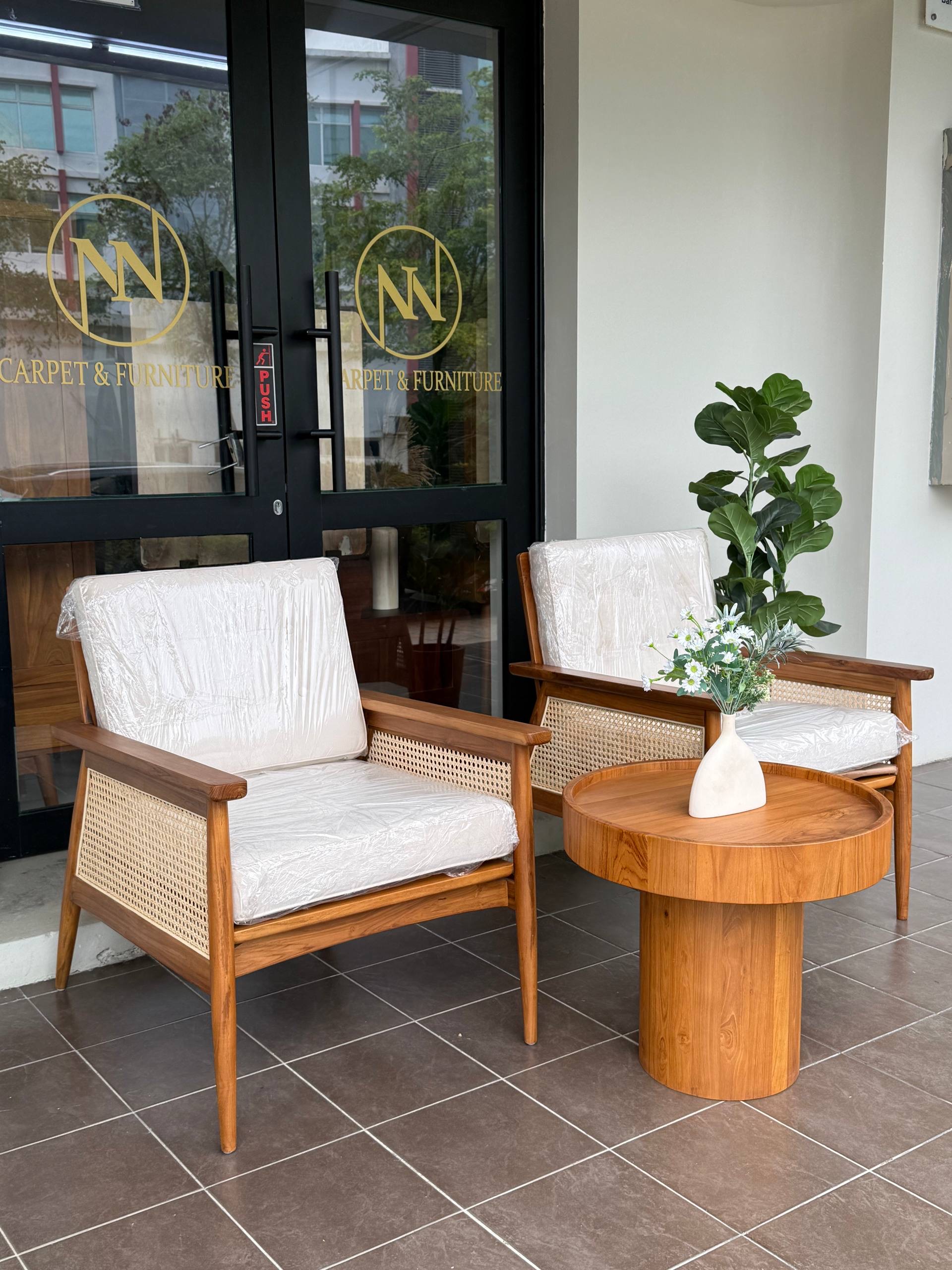 Teakwood & Natural Rattan Lounge Chairs | Solid Teak Accent Chair | Modern Japandi Living Room Chair
