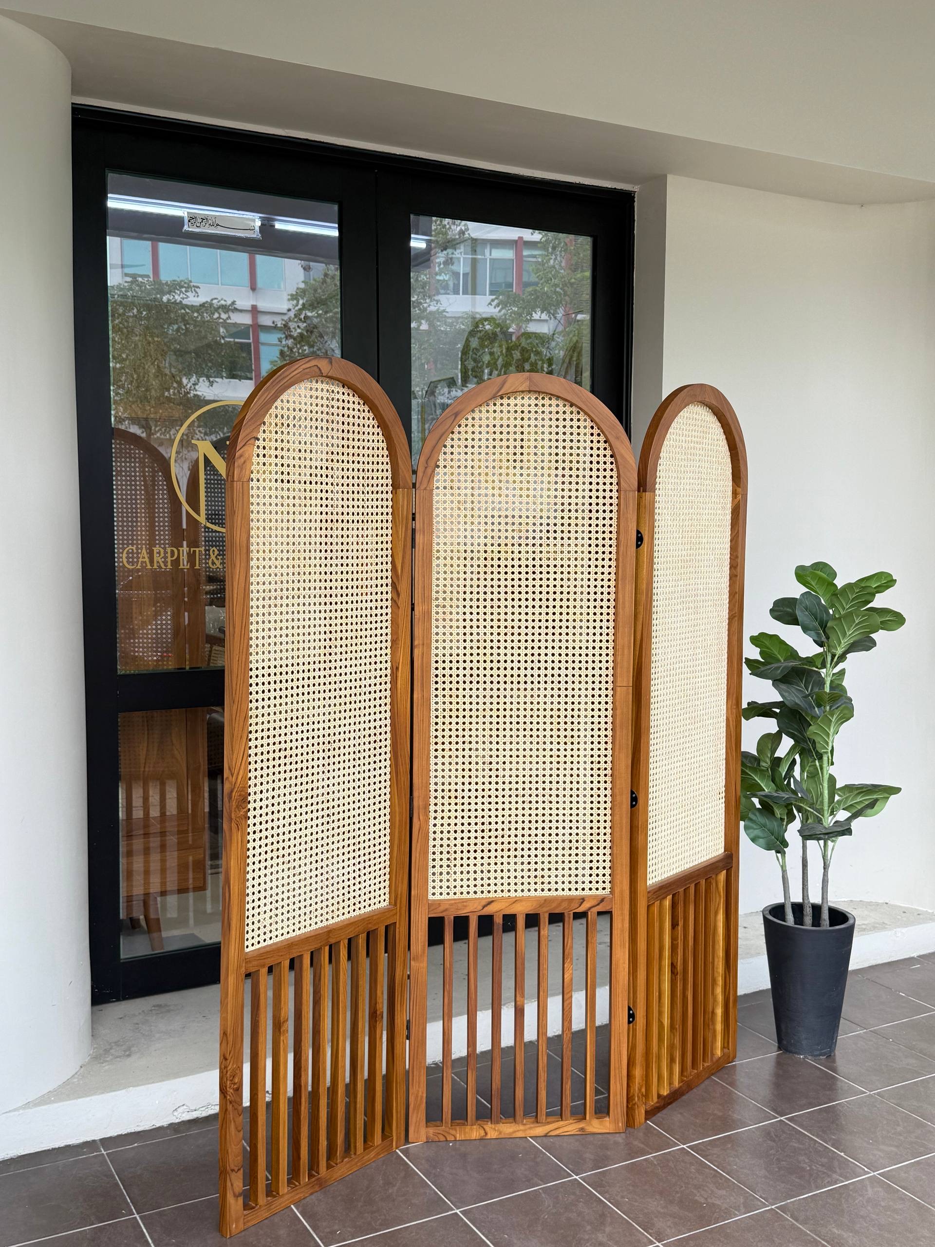 Teakwood & Natural Rattan Arch Room Divider | Folding Privacy Screen Partition | 3 Panel Divider