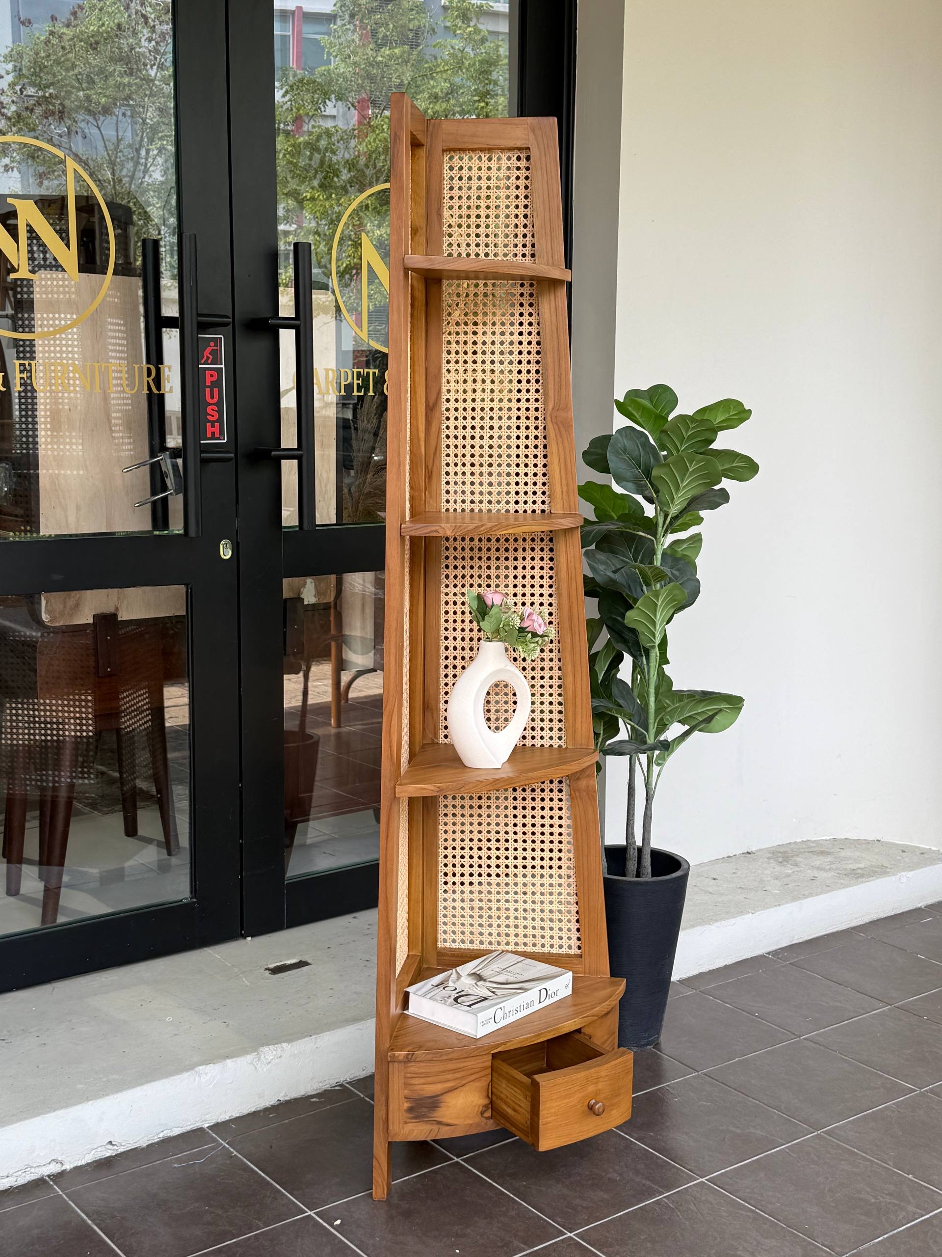 Solid Teakwood & Natural Rattan Corner Shelf | Japandi Display Rack with Drawer | Space-Saving Corner Storage Cabinet
