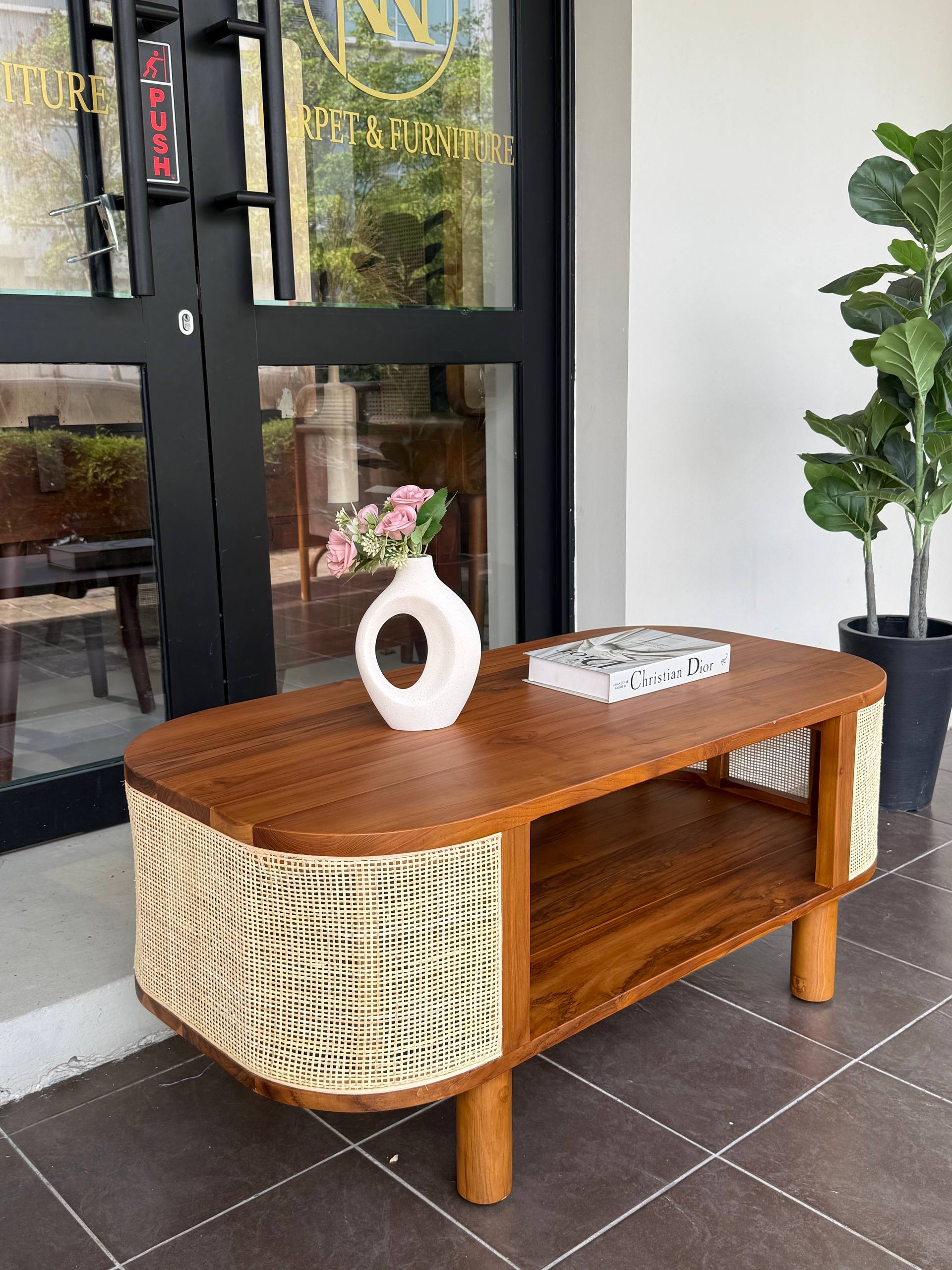 Solid Teakwood & Natural Rattan Coffee Table | Japandi Oval Center Table | Scandinavian Living Room Table