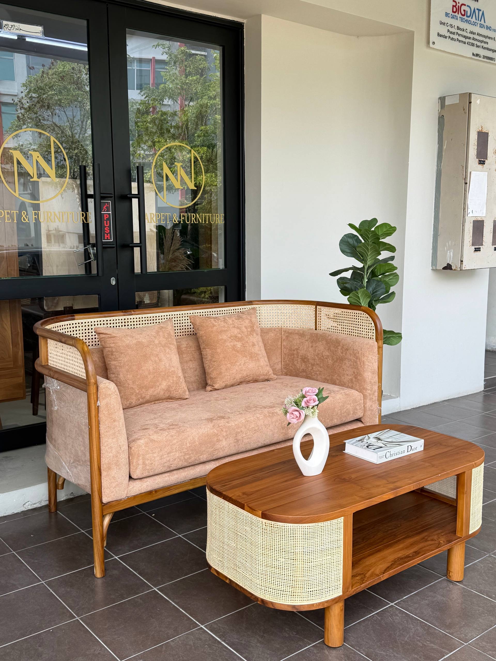 Solid Teakwood & Natural Rattan Sofa | Japandi 2-Seater Lounge Sofa | Scandinavian Living Room Couch