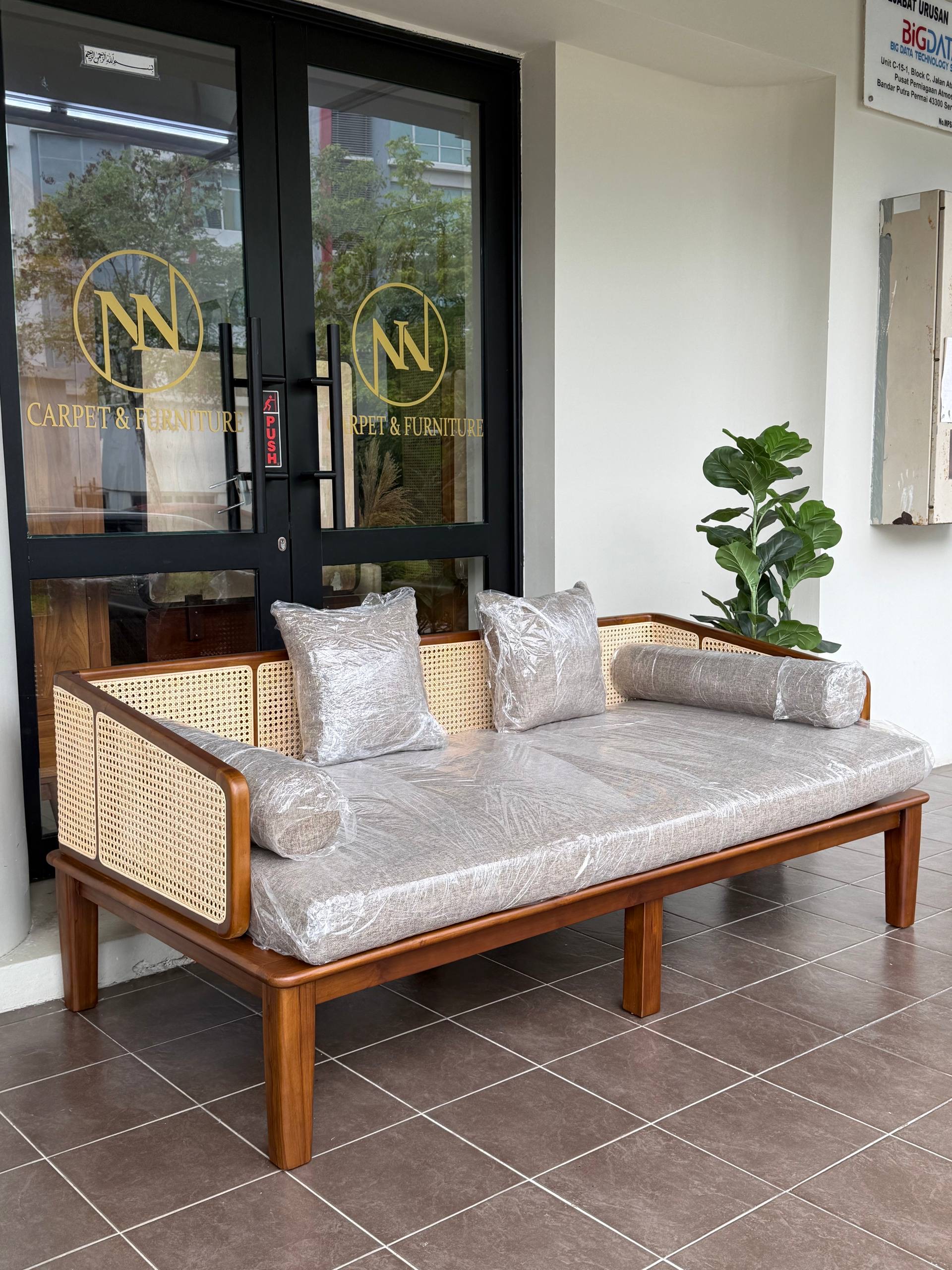 Solid Teakwood & Natural Rattan Daybed Sofa | Japandi Scandinavian Lounge Bed | Wooden Day Bed for Living Room & Bedroom
