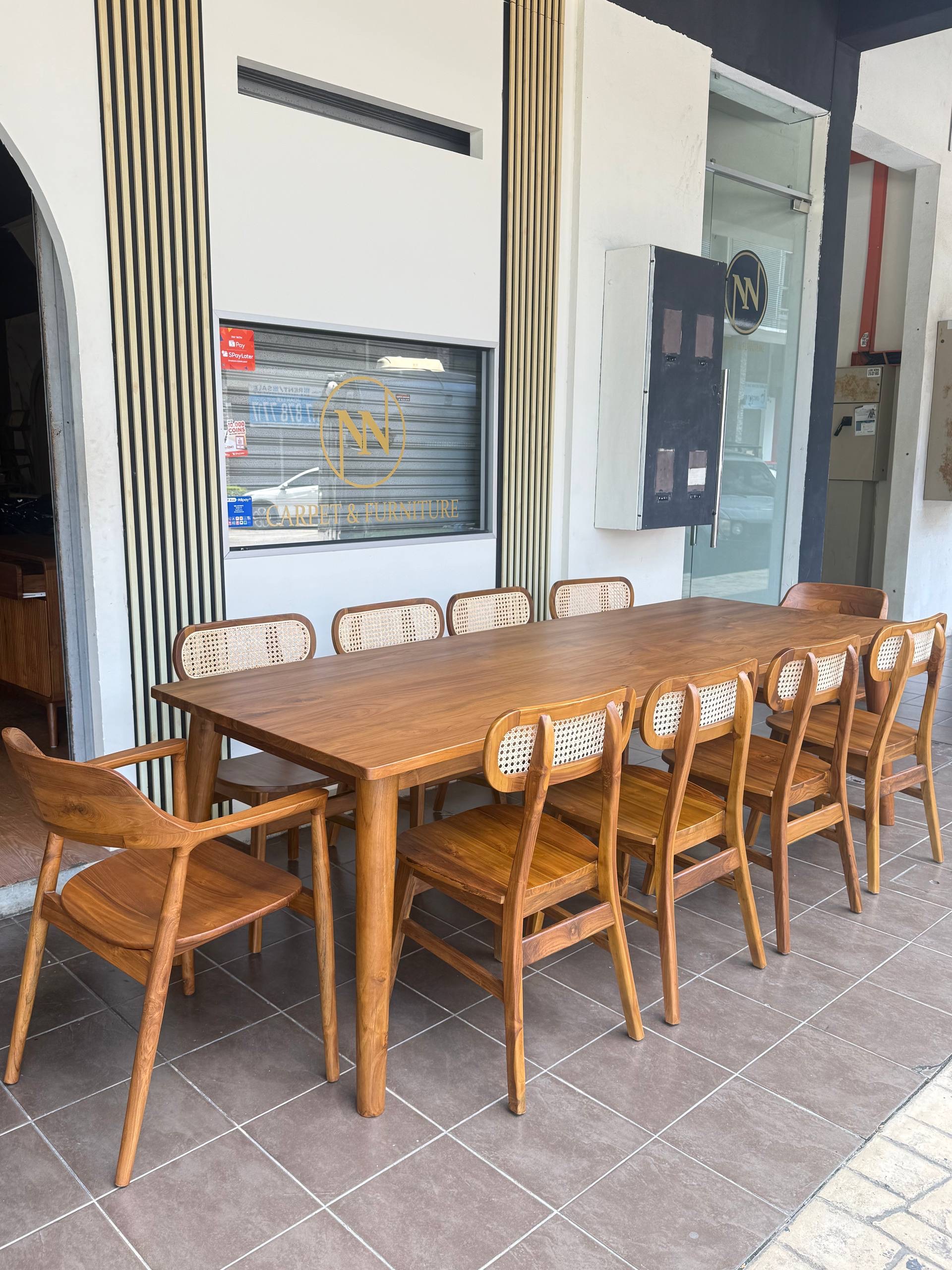 Solid Teakwood (Kayu Jati) 10-Seater Dining Set | 250cm Dining Table + Rattan Dining Chairs | Modern Minimalist Dining Furniture