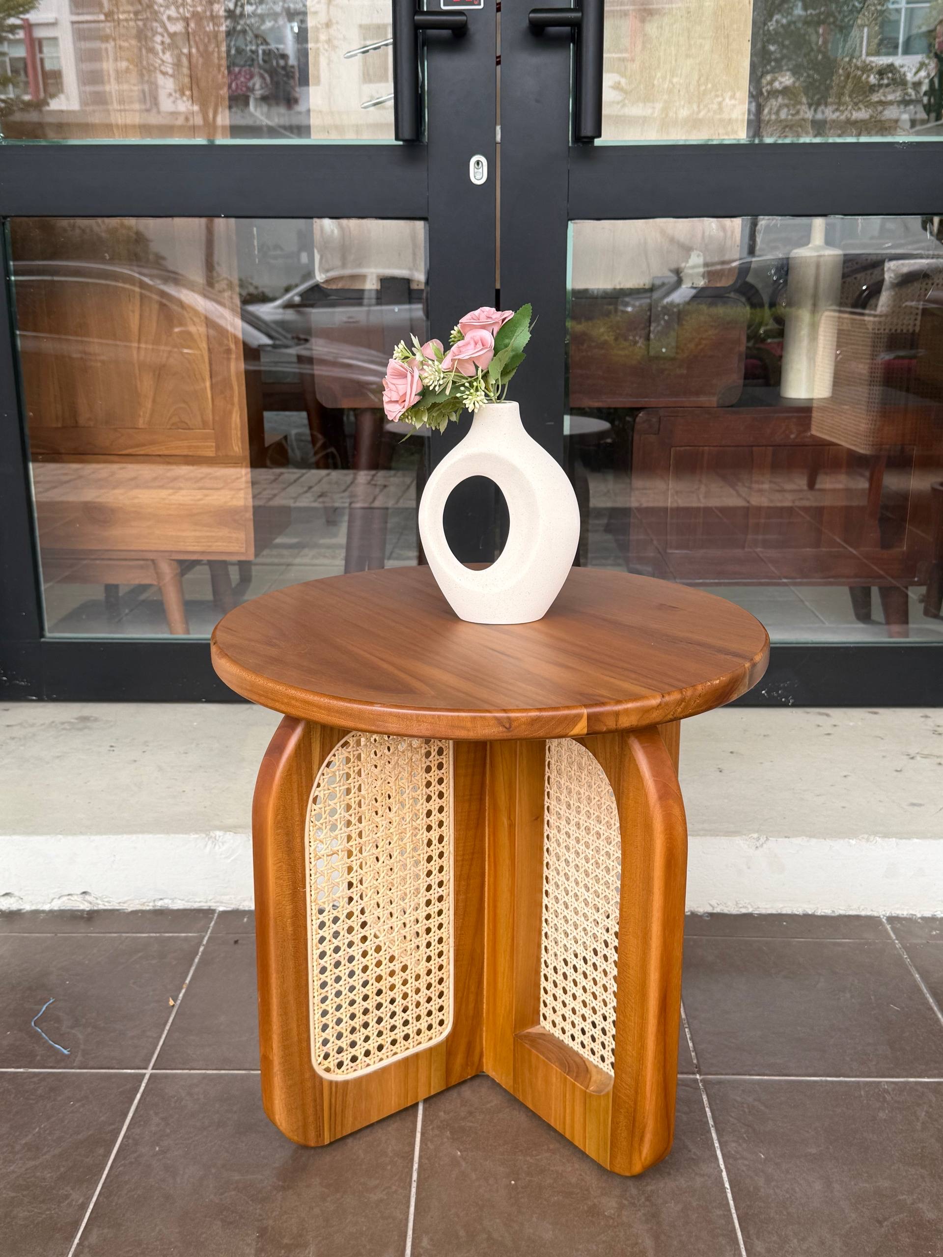 Solid Teakwood & Natural Rattan Round Side Table | Coffee Table | Japandi Scandinavian End Table