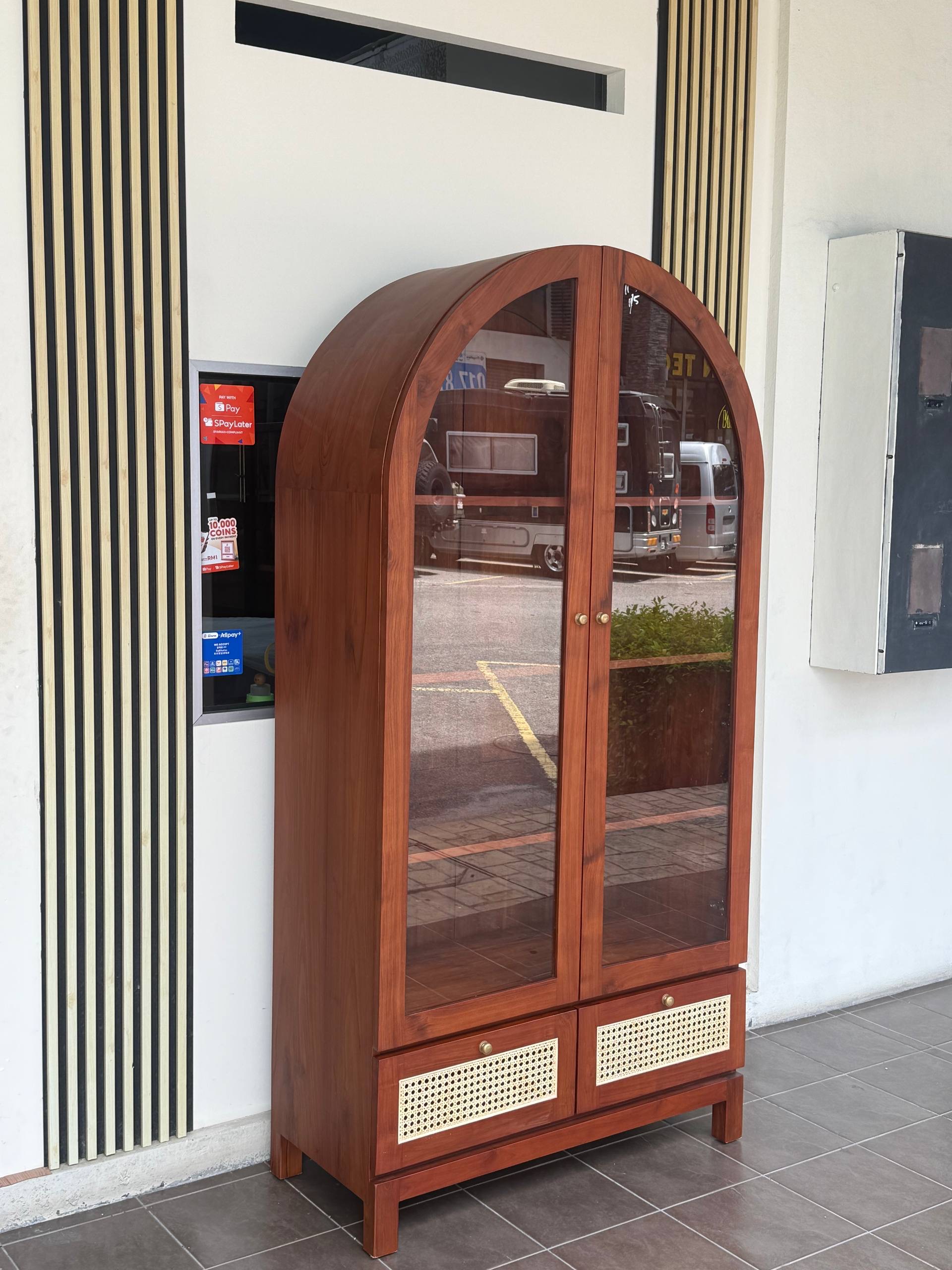 Arched Display Cabinet Solid Teakwood & Natural Rattan | Glass Showcase Cabinet | Storage Cabinet | Japandi Furniture