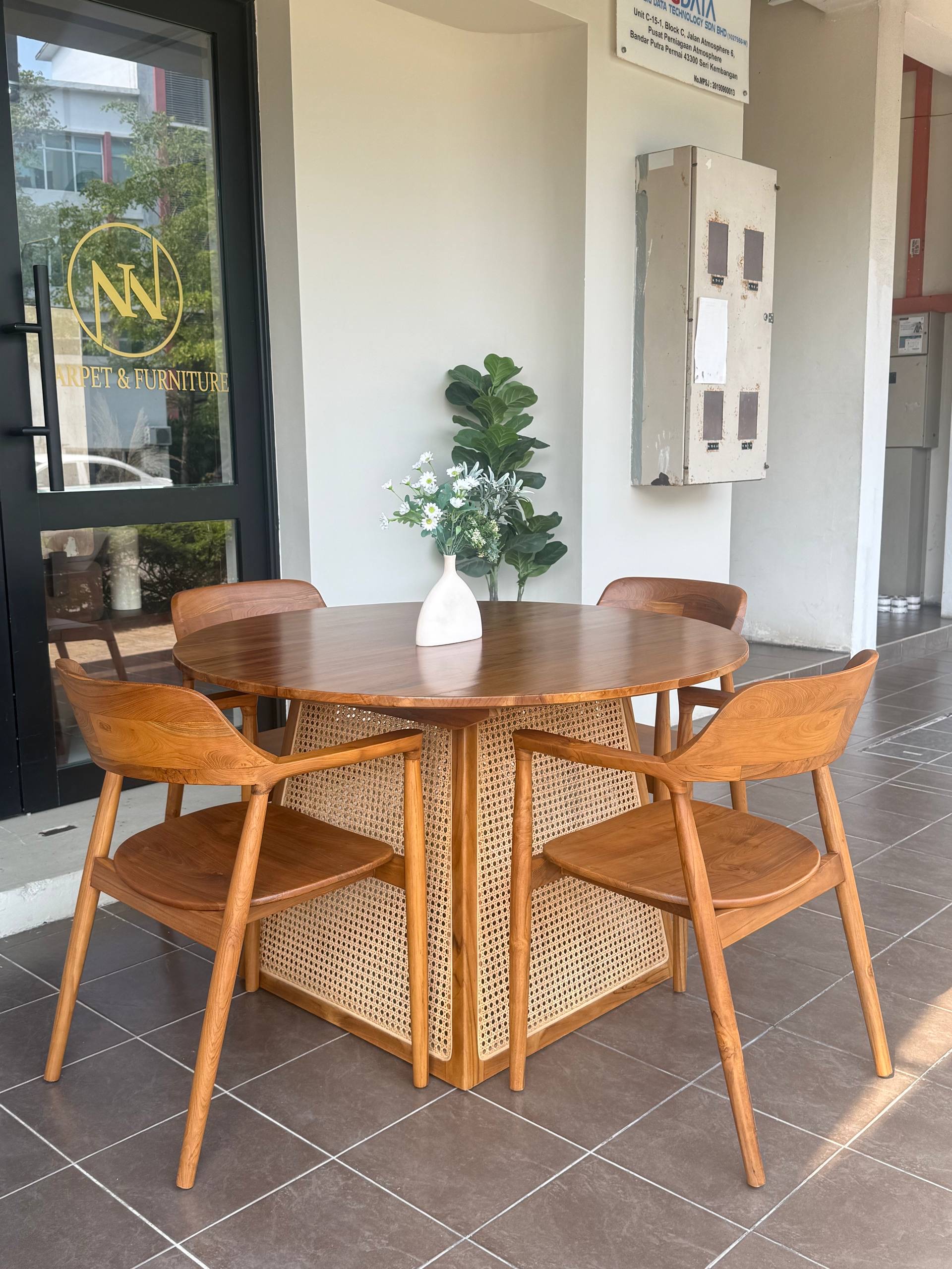 Round Dining Table Set Solid Teakwood & Natural Rattan | 120cm Round Dining Table | 4 Seater Dining Set | Japandi Wooden Furniture
