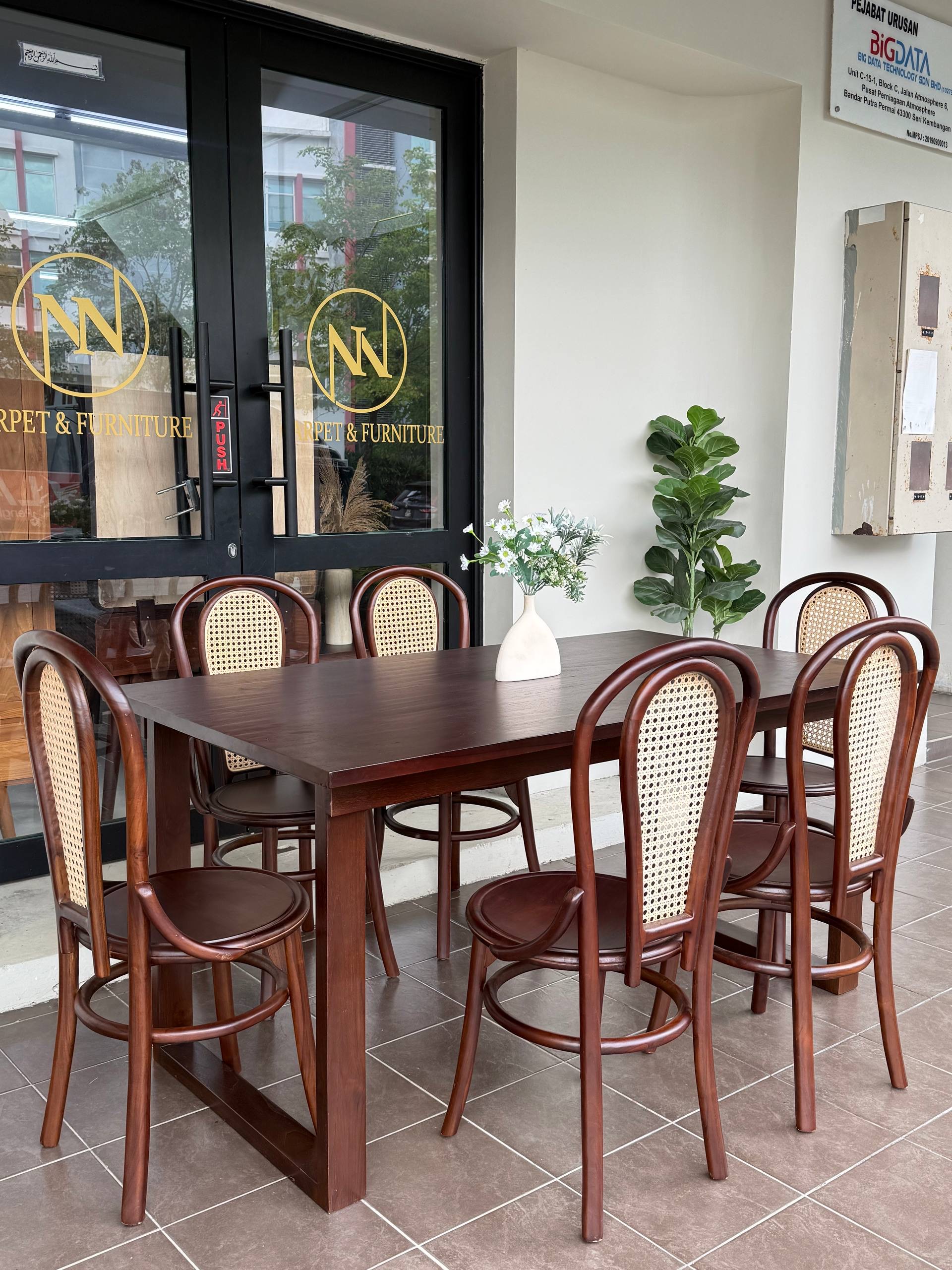 Solid Teakwood Dining Table Set | 160x90cm Dining Table | 6 Seater Wooden Dining Set | Natural Rattan Dining Chairs