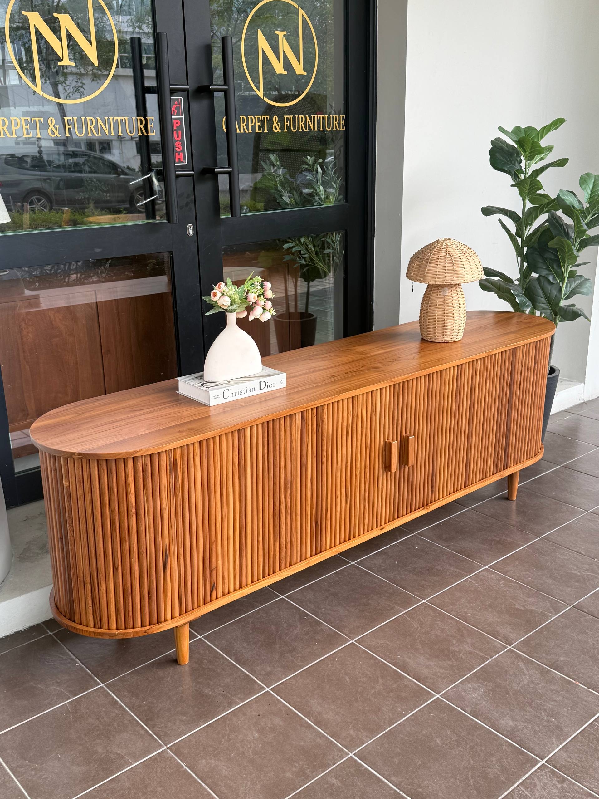 Solid Teakwood TV Cabinet | Wooden TV Console | Fluted Sideboard Cabinet | 200cm Storage Cabinet | Japandi Living Room Furniture