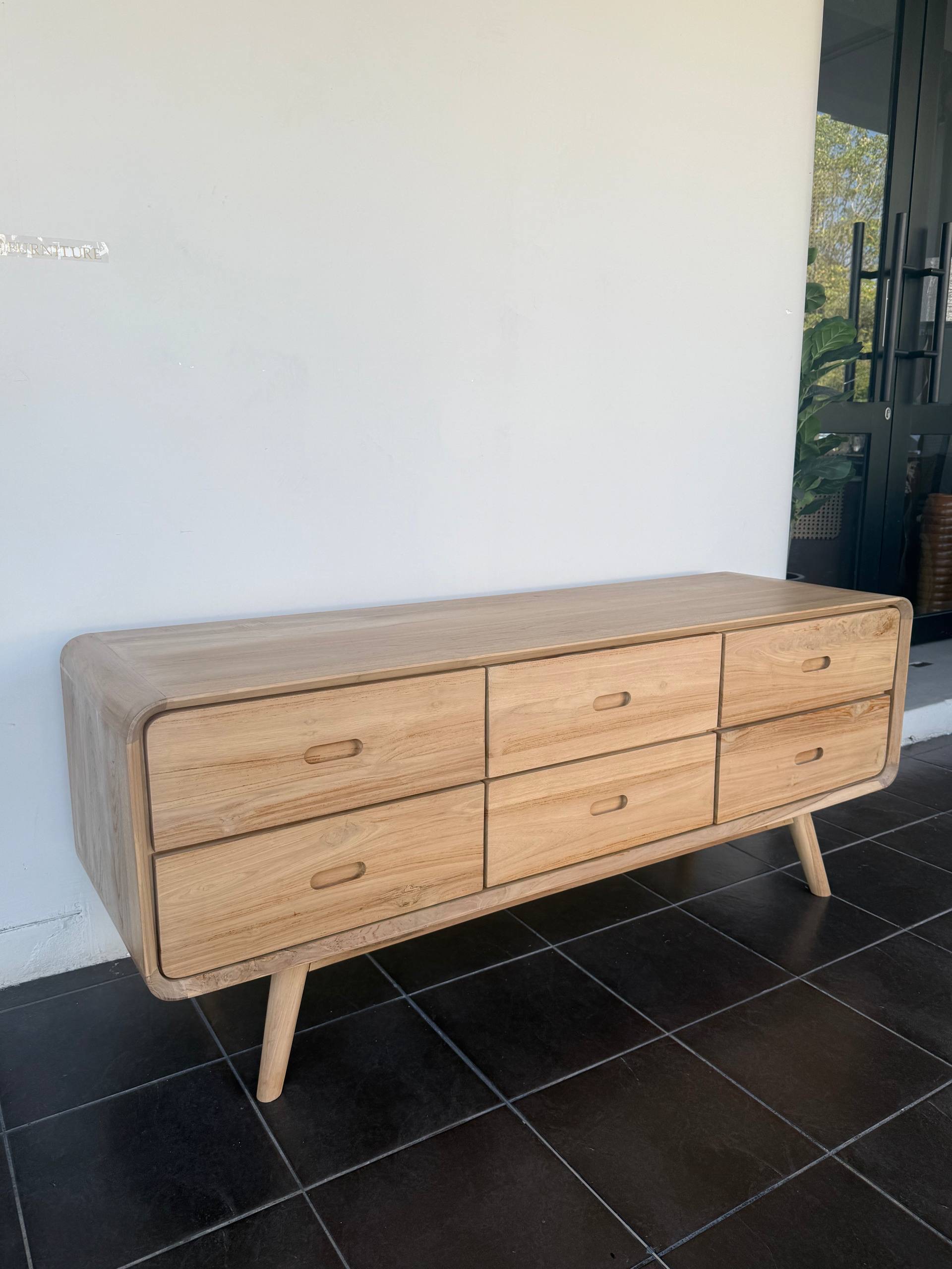 Solid Teakwood 6 Drawer Sideboard Cabinet | Wooden Storage Cabinet | Japandi Console Table | Bleaching Finish | Living Room Furniture