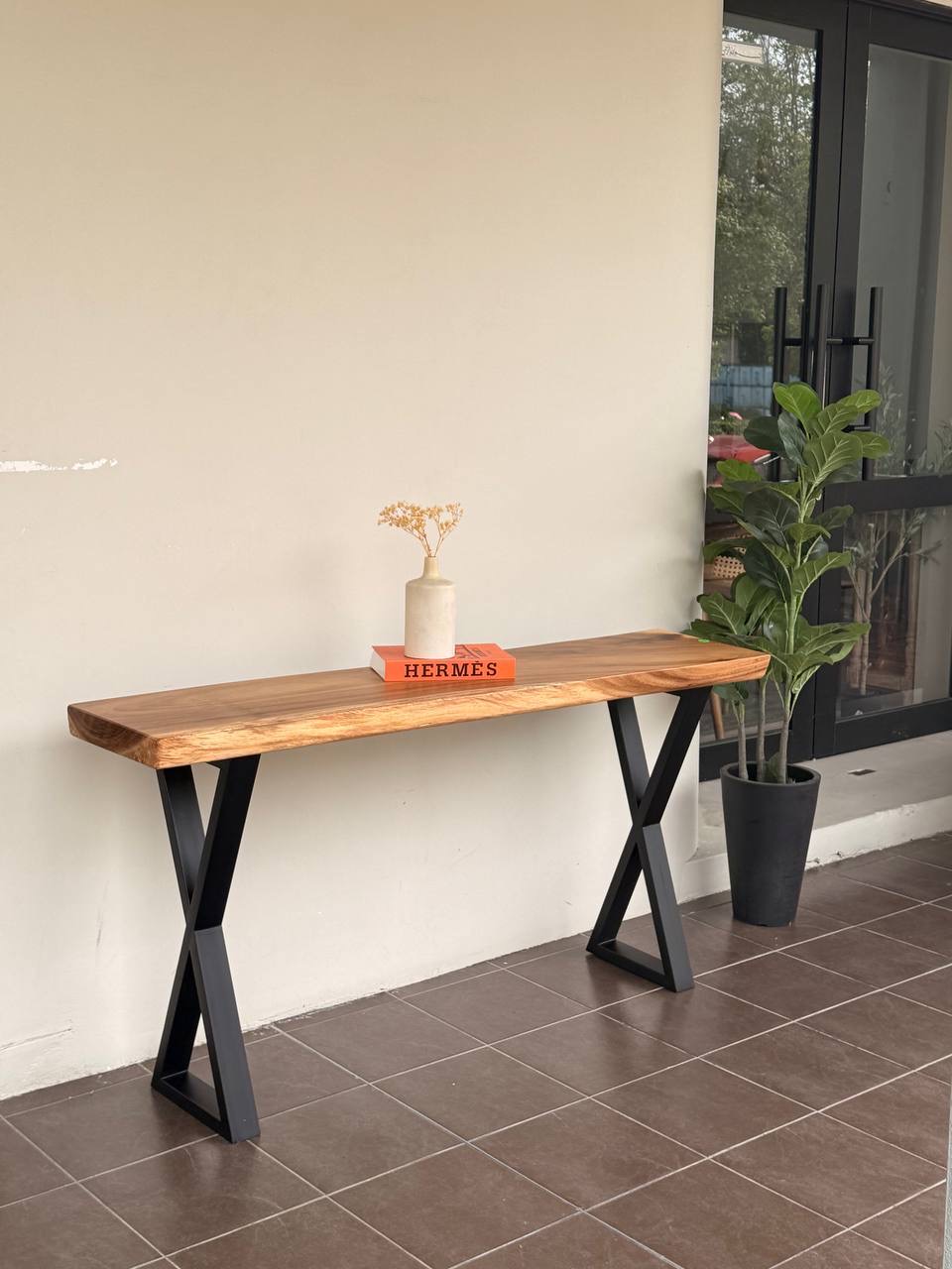 Raintree Solid Wood Console Table with Black Metal X-Leg