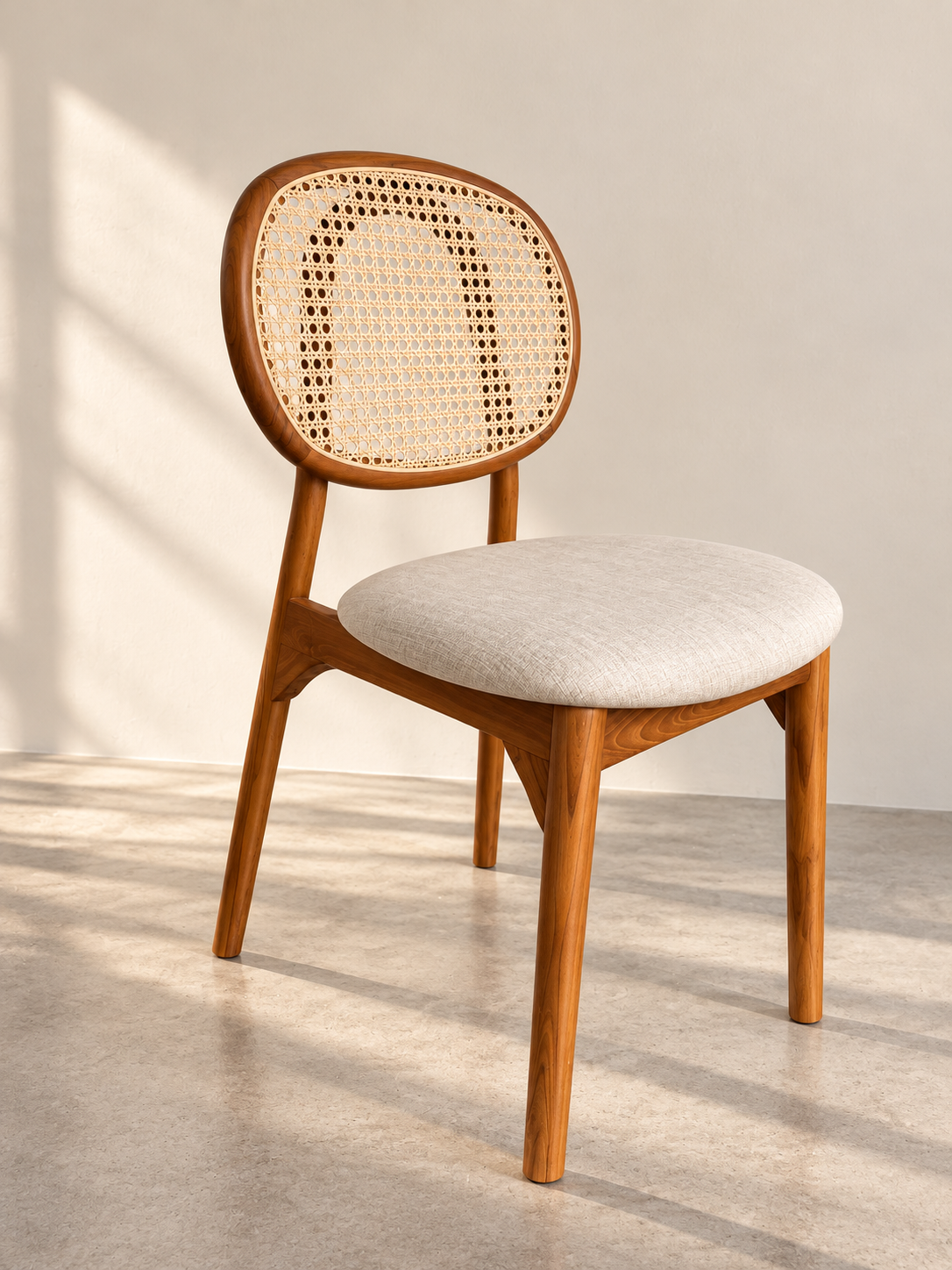 Solid Teakwood & Natural Rattan Dining Chair with Upholstered Seat | Modern Wooden Dining Chair | Café Chair | Restaurant Chair