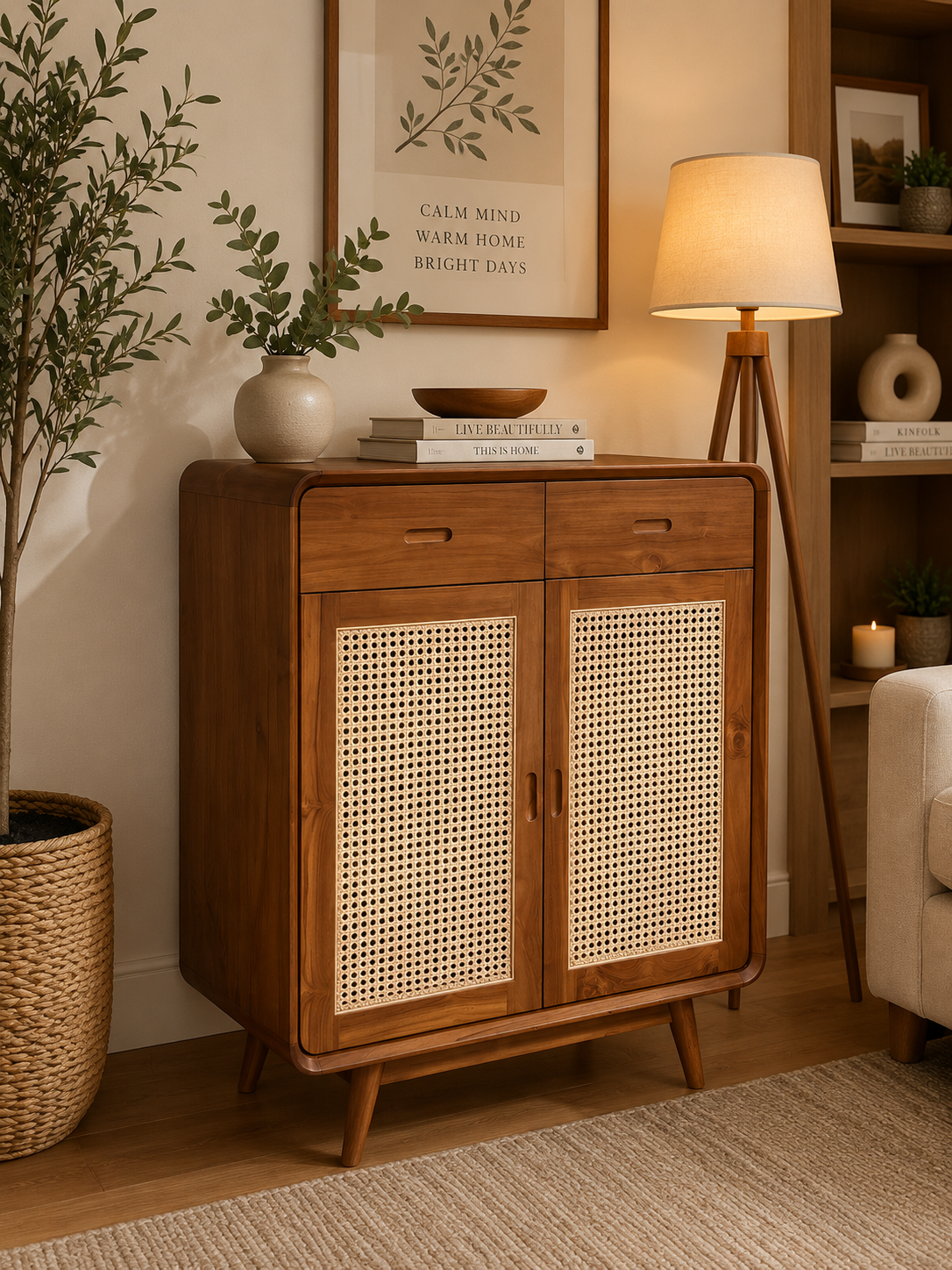 Solid Teakwood & Natural Rattan Storage Cabinet | Sideboard Cabinet | Shoe Cabinet | Entryway Cabinet | Living Room Cabinet | Japandi Scandinavian | 2 Doors & 2 Drawers