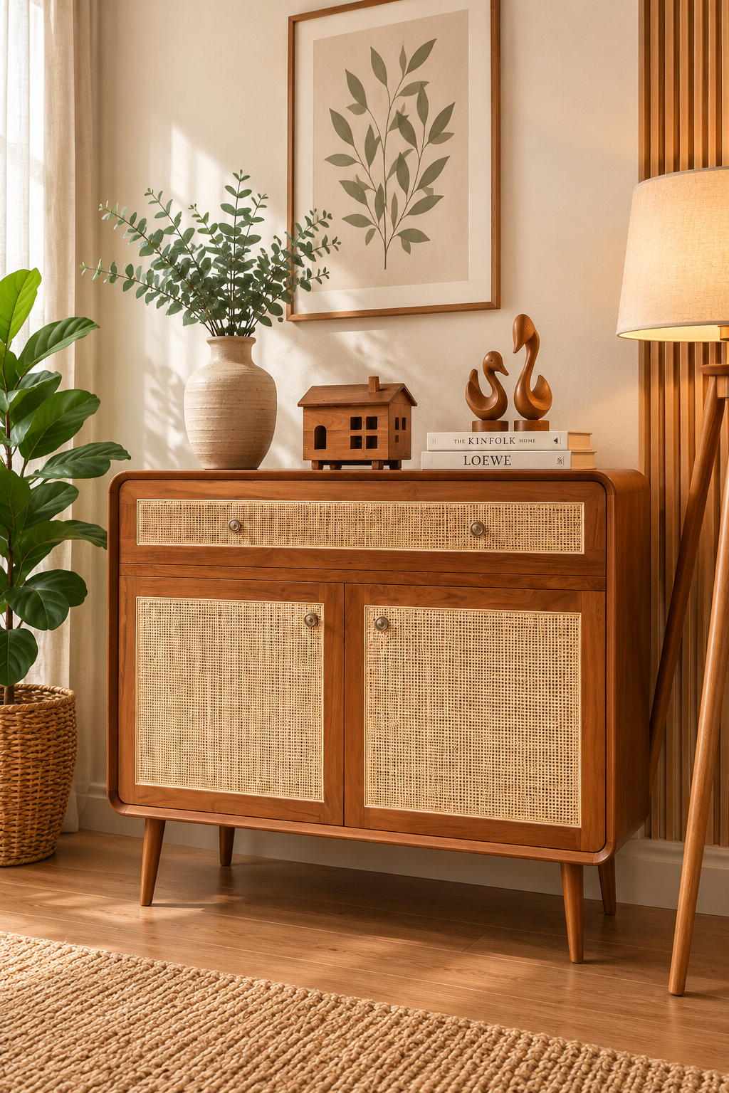 Solid Teakwood & Natural Rattan Shoe Cabinet | Sideboard Cabinet | Entryway Storage Cabinet | 120 × 40 × 100cm