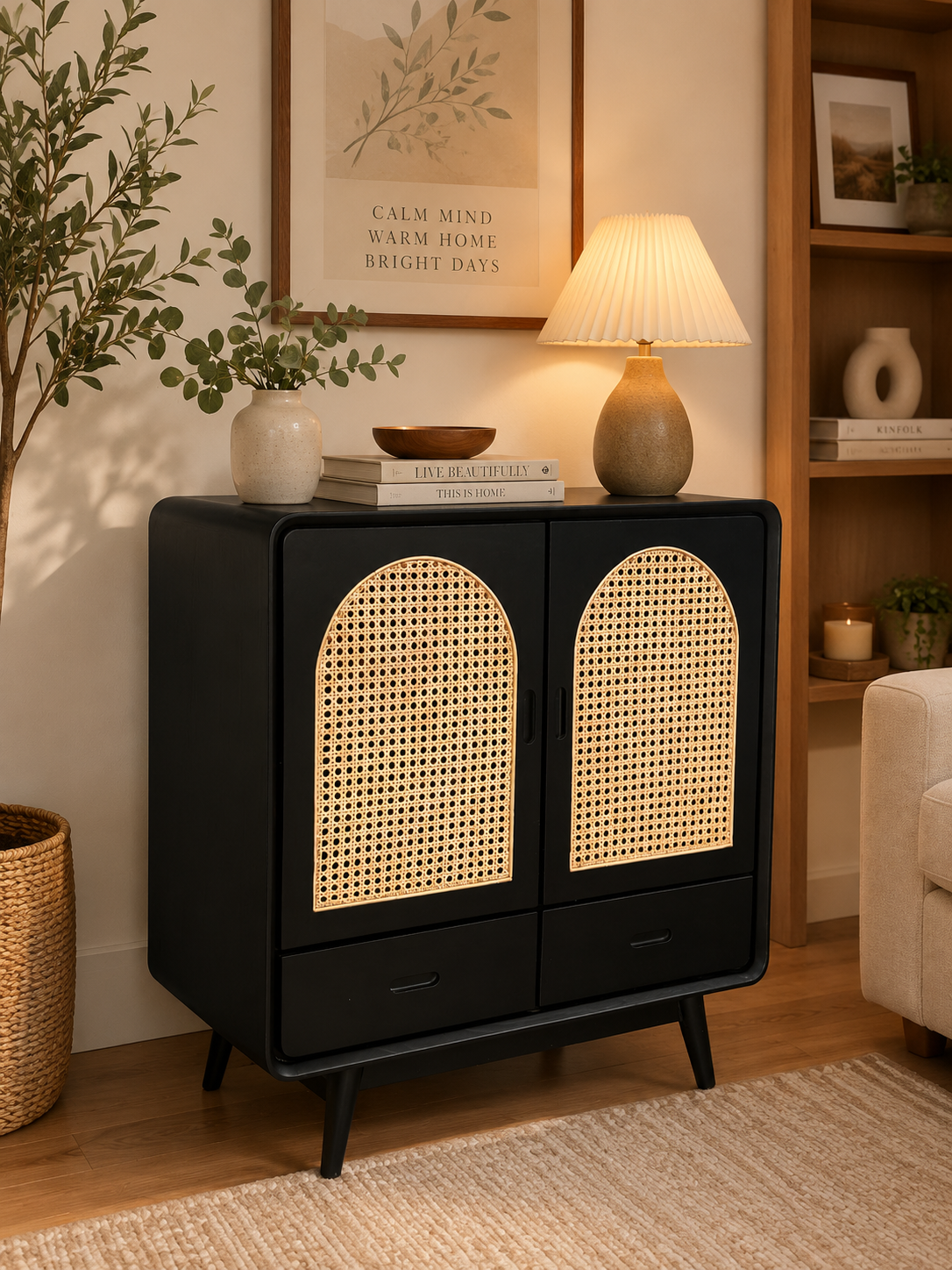 Solid Teakwood & Natural Rattan Storage Cabinet | Sideboard Cabinet | Shoe Cabinet | Entryway Cabinet | Living Room Cabinet | Japandi Scandinavian | 2 Doors & 2 Drawers
