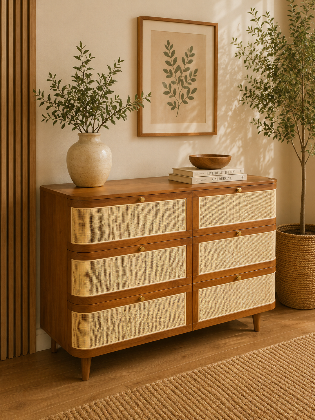 Solid Teakwood & Rattan Chest of Drawers | 6 Drawer Storage Cabinet | Bedroom Cabinet | Japandi Cabinet | 120 × 40 × 90cm