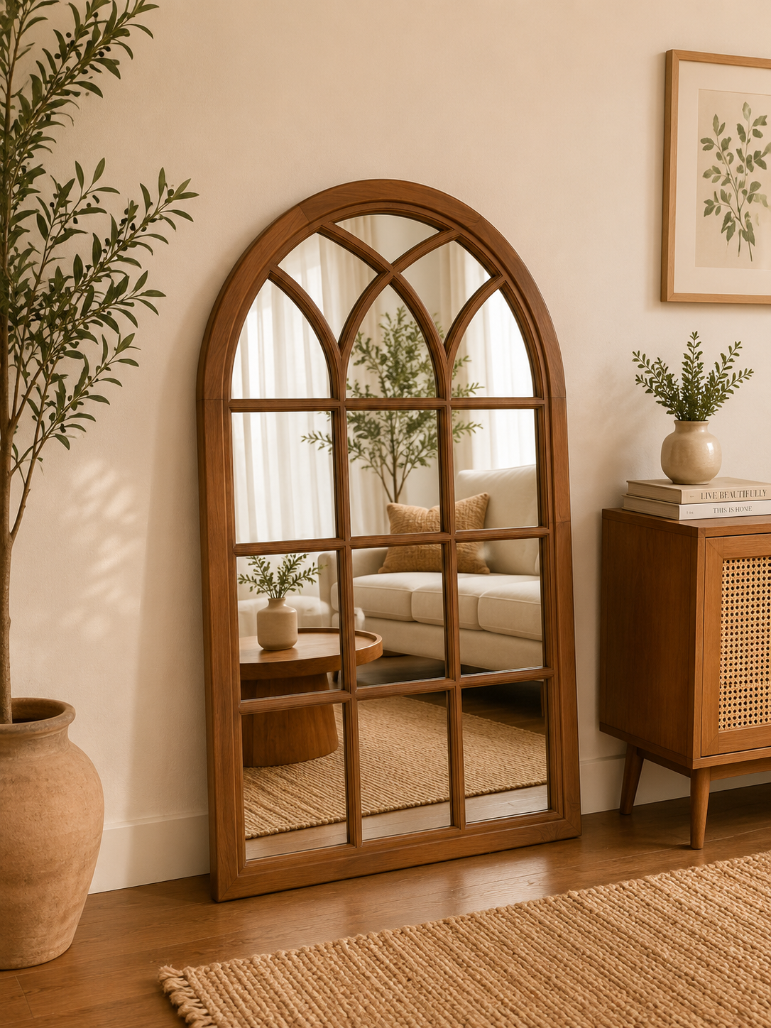 Solid Teakwood Arched Window Mirror | Decorative Wall Mirror | Full Length Accent Mirror | Farmhouse Vintage Mirror | 80 × 120cm