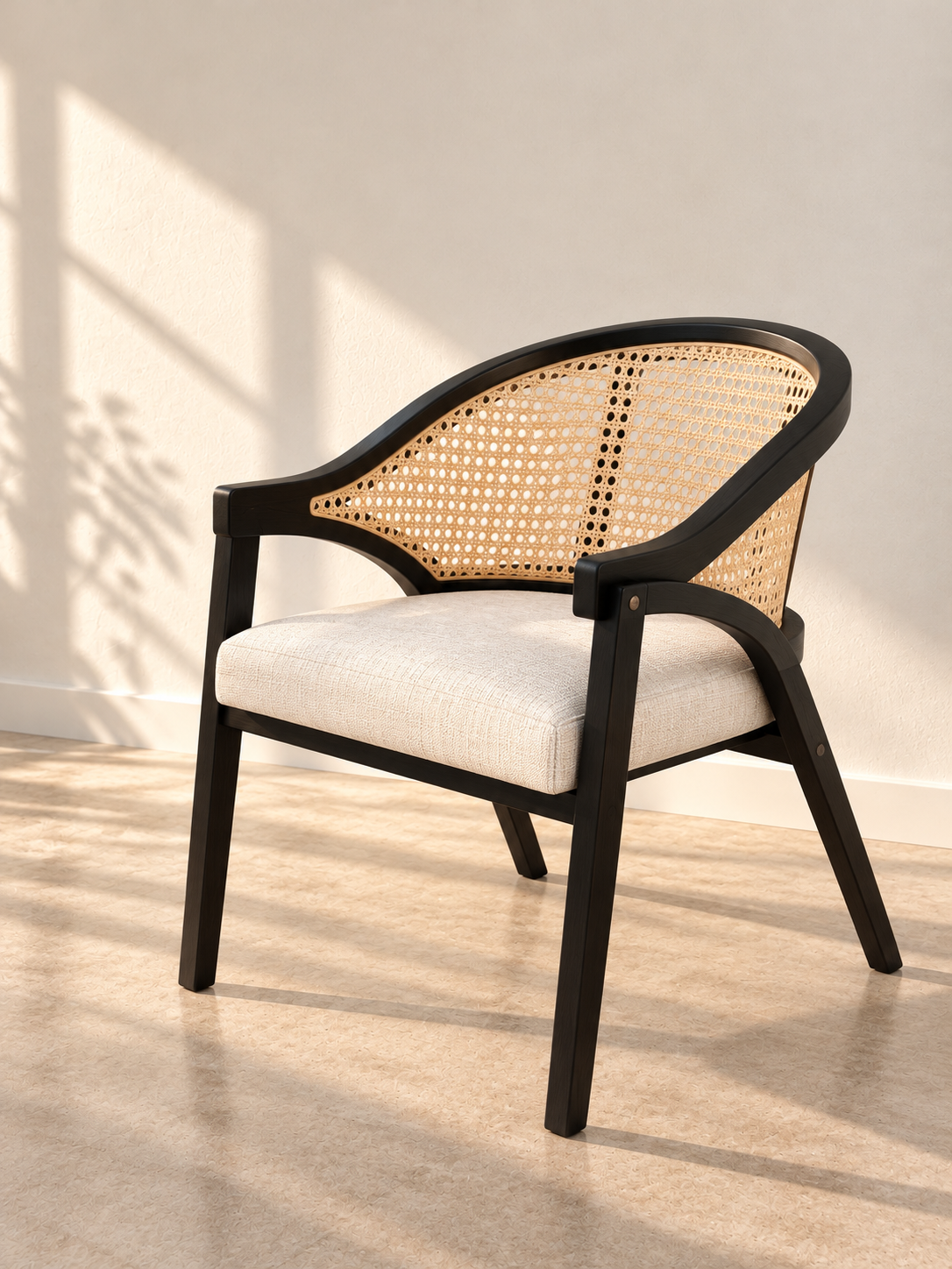 Solid Teakwood Accent Lounge Chair with Natural Rattan & Upholstered Seat | Black Modern Armchair | Japandi Living Room Chair
