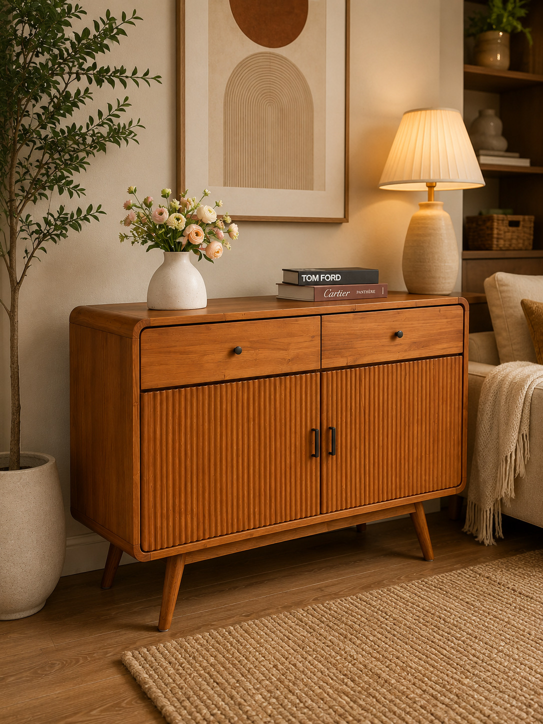 Solid Teakwood Sideboard Cabinet with Fluted Doors | Buffet Cabinet | Storage Cabinet | Console Cabinet (120cm)