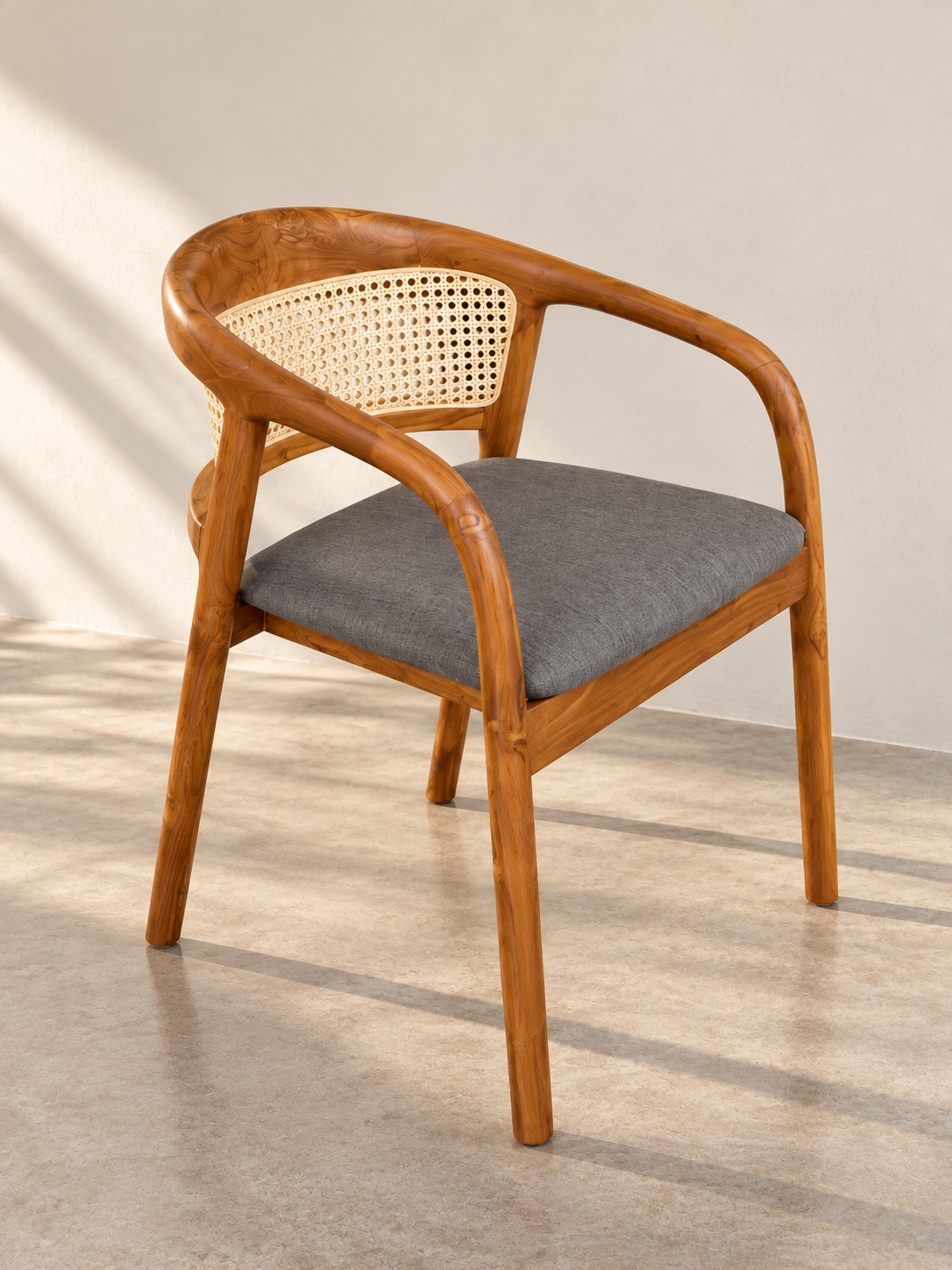 Solid Teakwood Arm Dining Chair with Natural Rattan & Upholstered Seat | Modern Japandi Wooden Chair | Cafe & Restaurant Chair