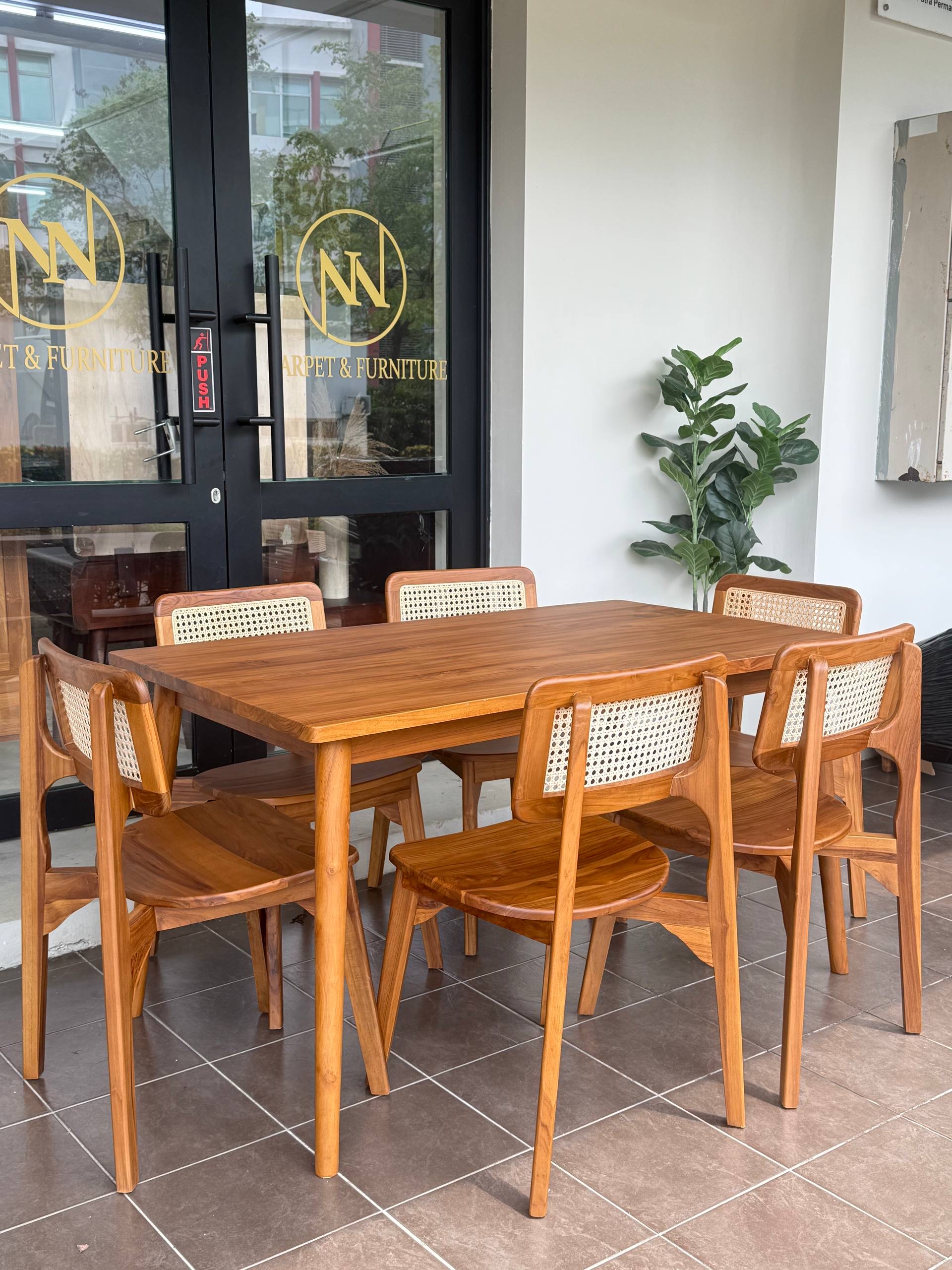 Solid Teakwood & Natural Rattan 6 Seater Dining Set | Wooden Dining Table with 6 Chairs | Japandi Dining Set (160cm)