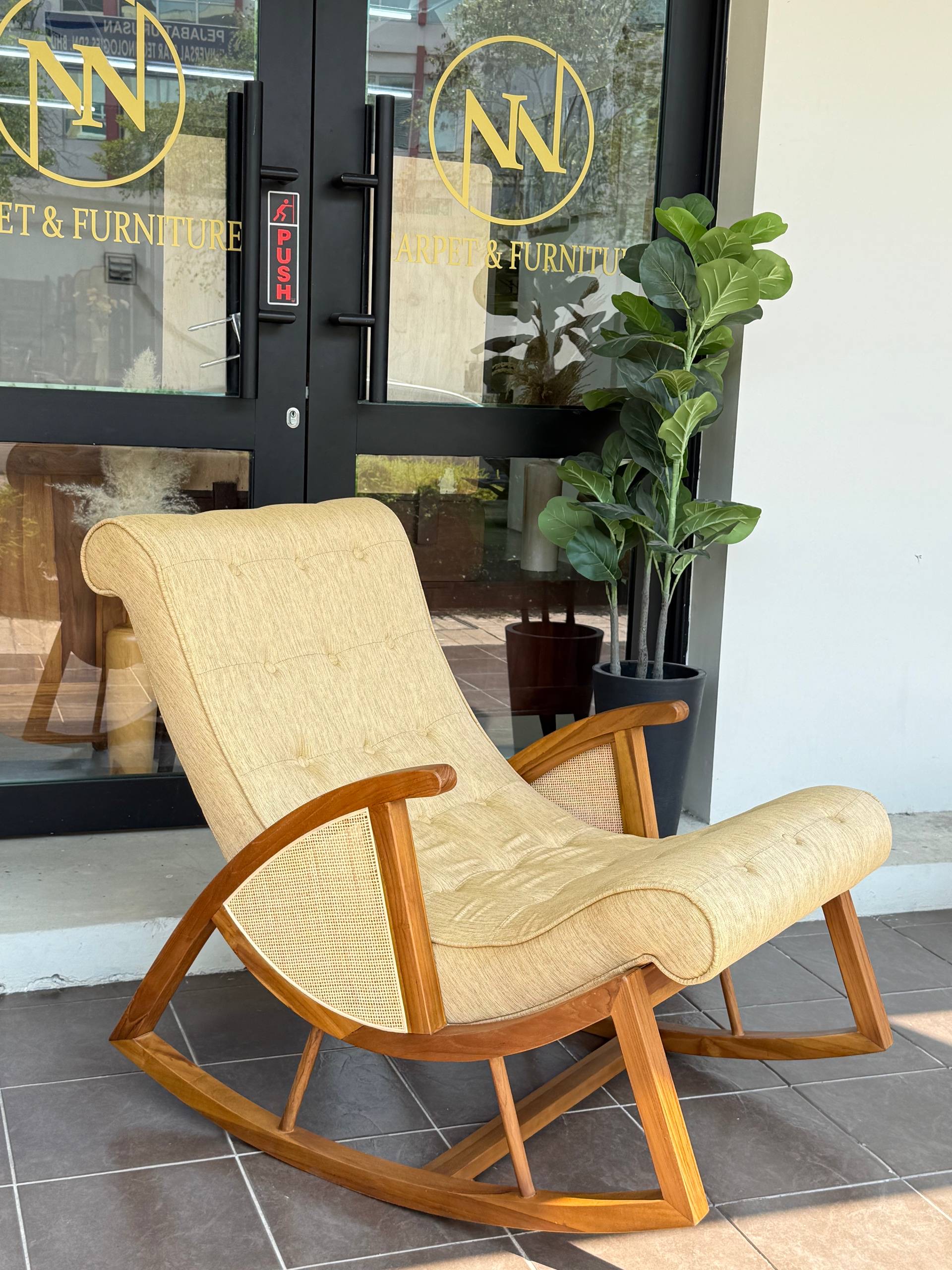 Solid Teakwood (Kayu Jati) Rocking Lounge Chair with Natural Rattan | Upholstered Accent Chair | Japandi Relax Chair | Modern Wooden Rocking Chair