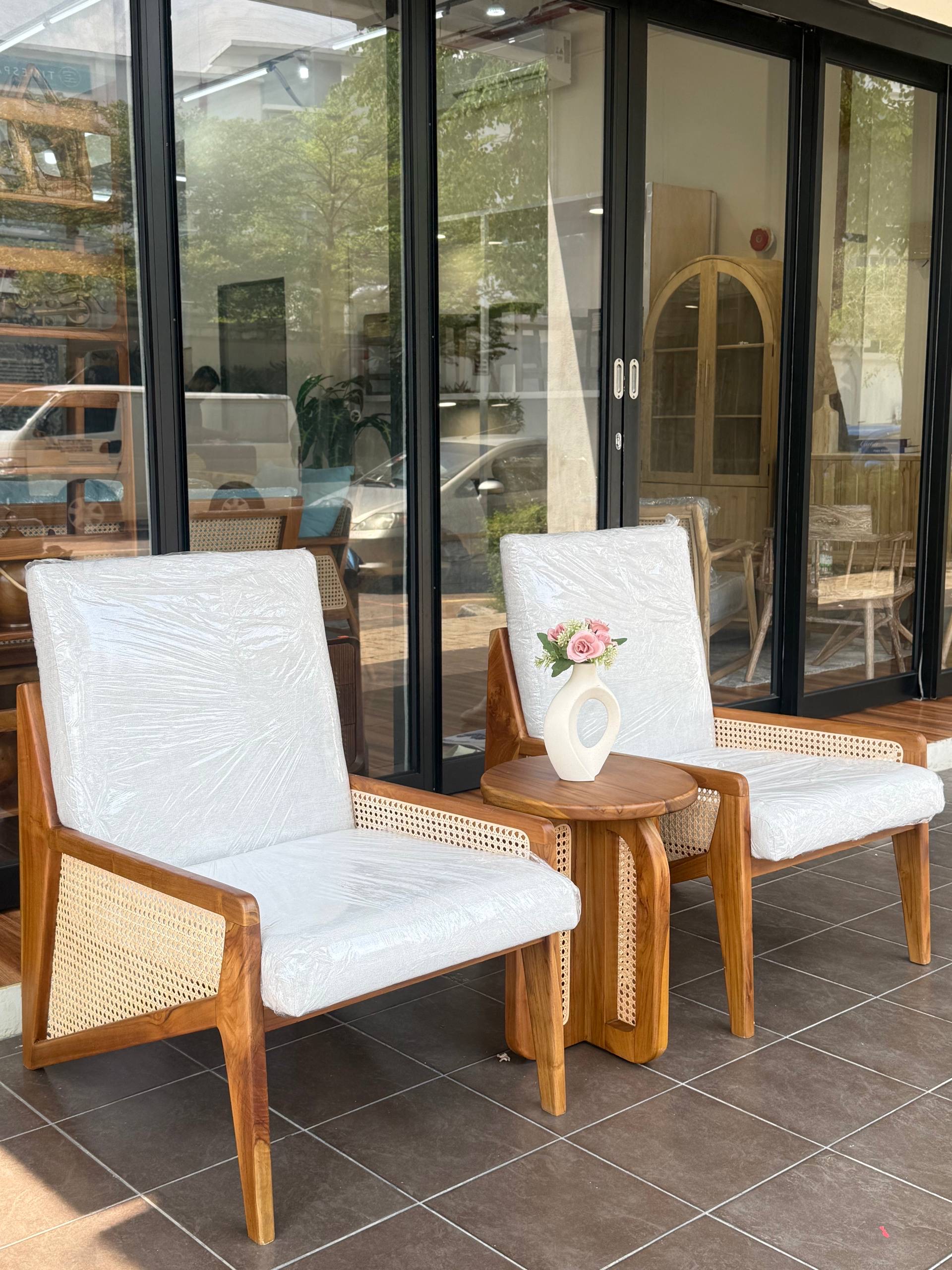 Solid Teakwood (Kayu Jati) Lounge Chair with Natural Rattan | Upholstered Accent Chair | Japandi Armchair | Modern Living Room Chair
