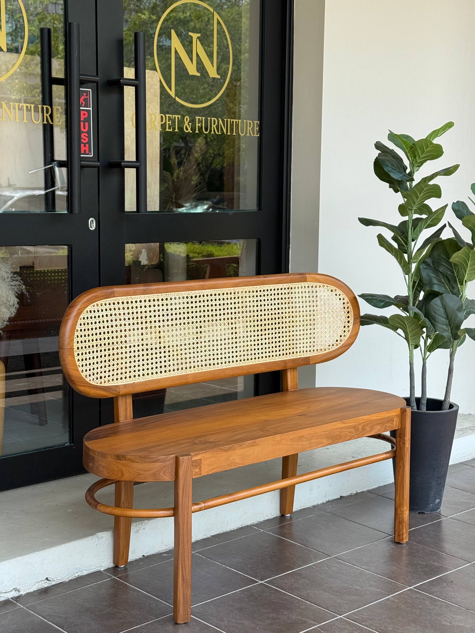Solid Teakwood (Kayu Jati) Bench with Natural Rattan Backrest | Japandi Wooden Bench | Modern Entryway & Dining Bench | 2 Seater