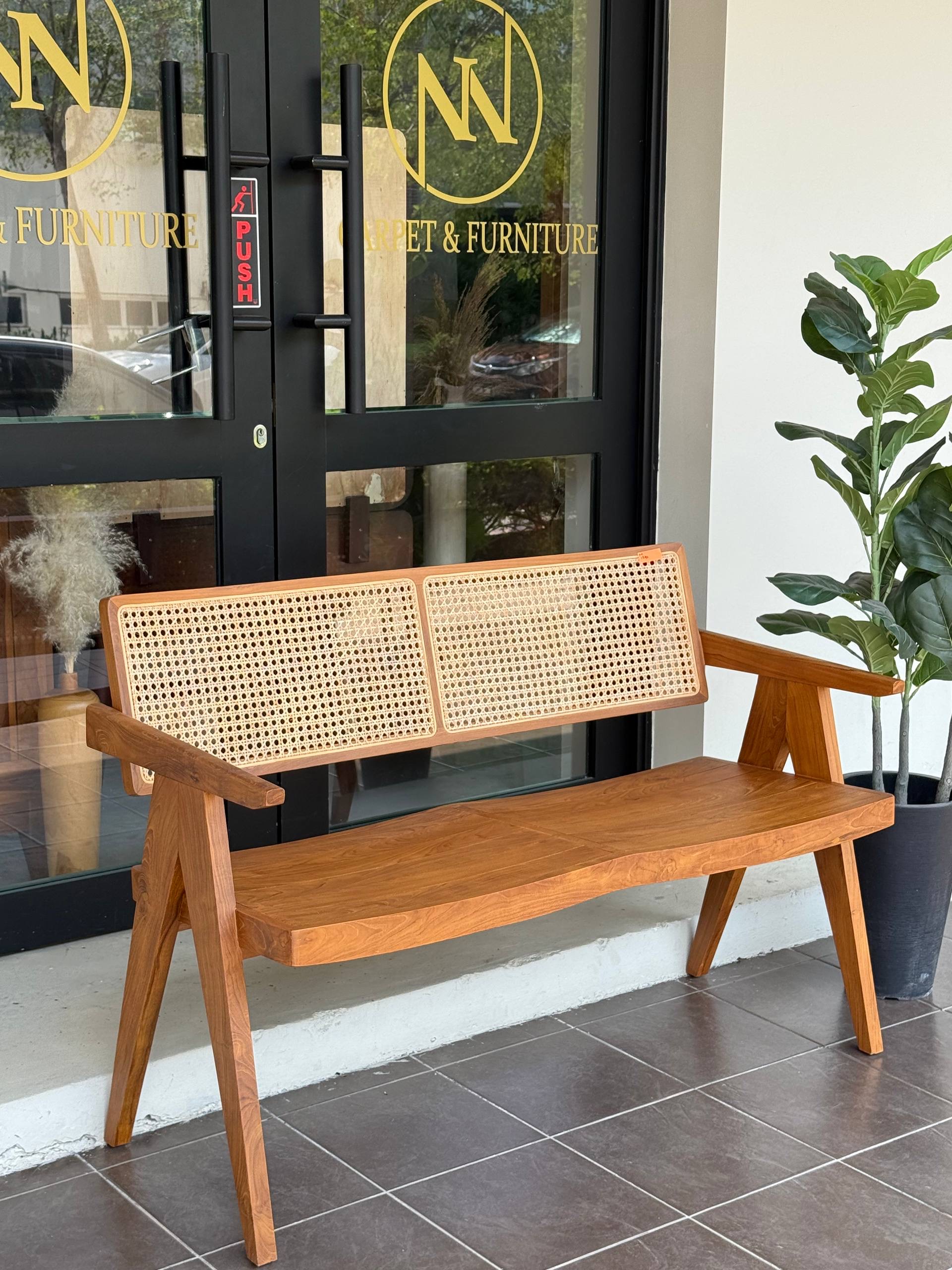 Solid Teakwood (Kayu Jati) Bench with Natural Rattan Backrest | Japandi Wooden Bench | Modern Dining Bench | Entryway Bench | 2 Seater
