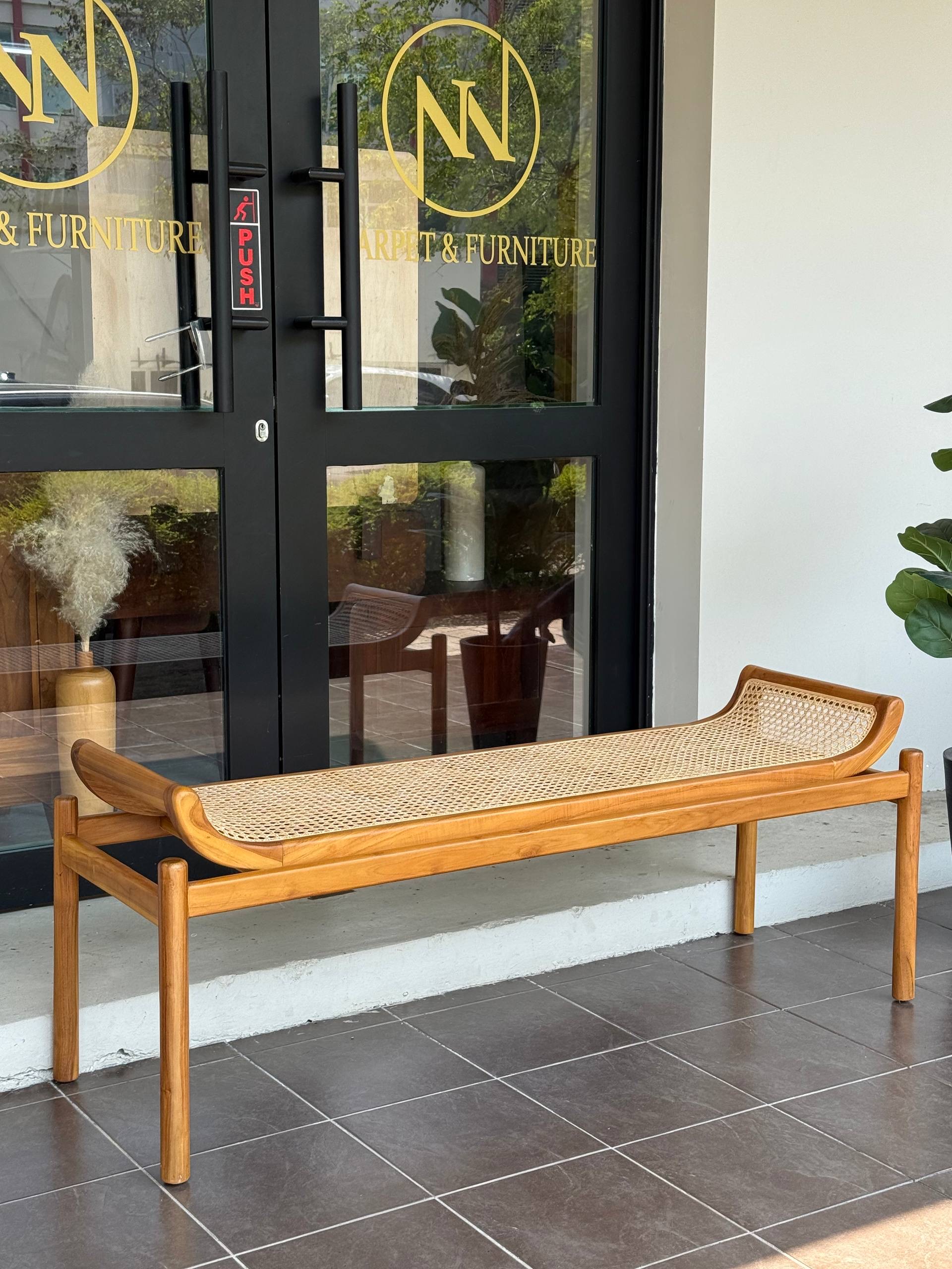 Solid Teakwood (Kayu Jati) & Natural Rattan Bench | Japandi Wooden Bench | Scandinavian Entryway Bench | Dining Bench | Handwoven Rattan Seat