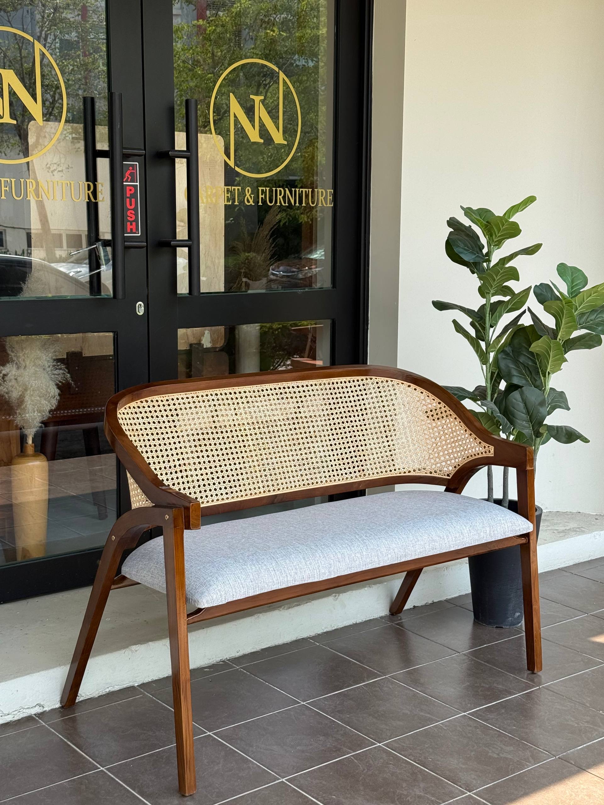 Solid Teakwood & Natural Rattan Upholstered Bench | Japandi Wooden Bench | Scandinavian Dining Bench | Entryway Bench | Lounge Bench | Handwoven Rattan
