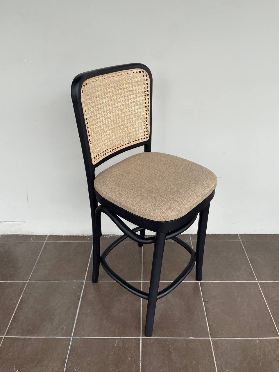 Solid Teakwood & Natural Rattan Bar Stool with Fabric Cushion | Scandinavian Japandi Counter Height Chair | Kitchen Island Wooden Bar Chair