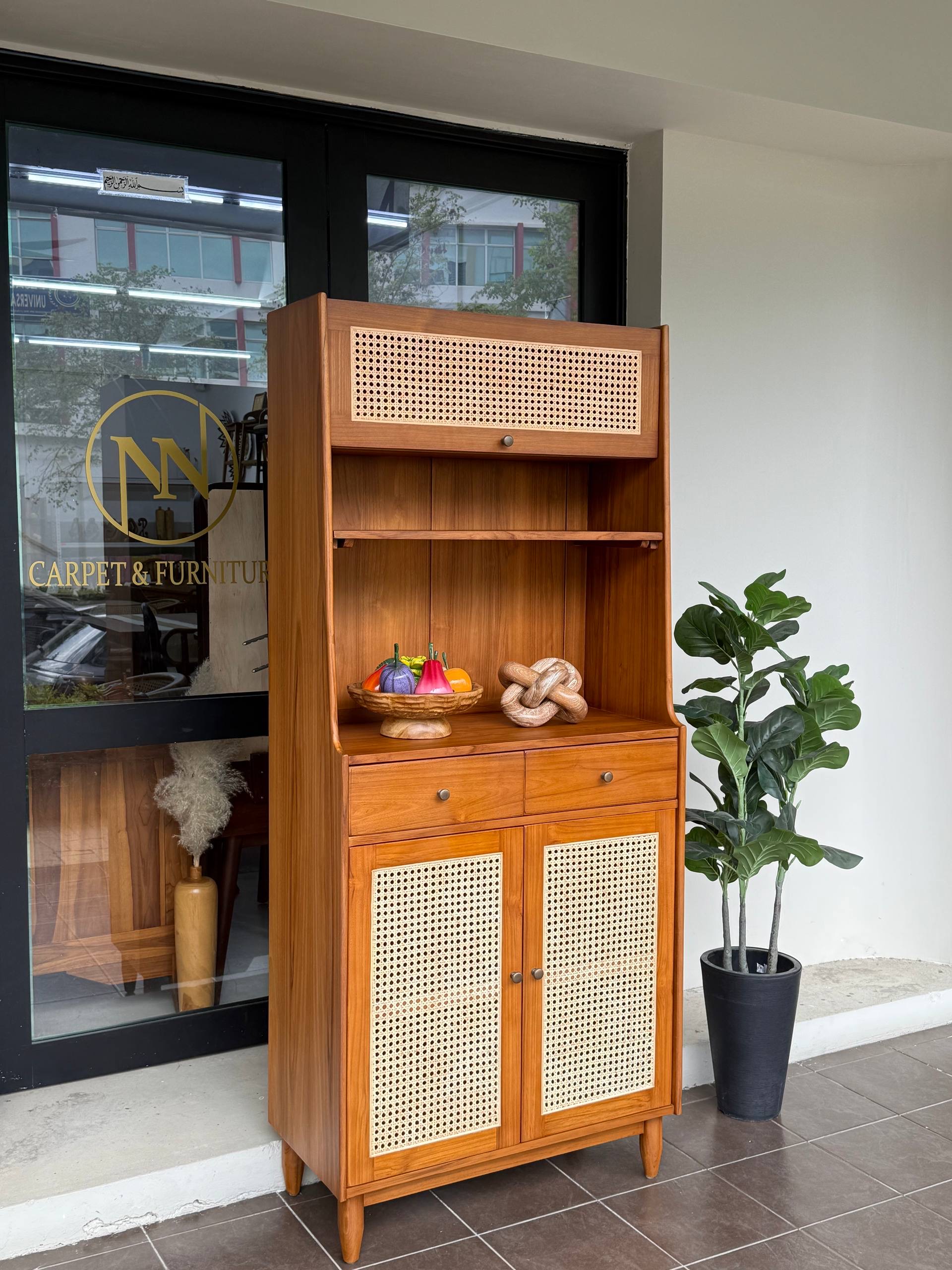 Solid Teakwood Kitchen Cabinet with Natural Rattan | Japandi Pantry Storage Cabinet | Display Cabinet | Kitchen Organizer