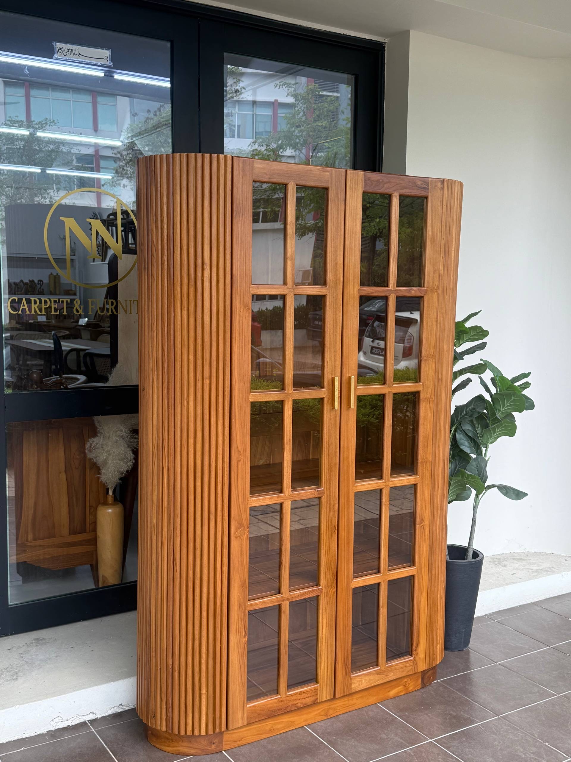 Solid Teakwood Fluted Glass Display Cabinet | Modern Curved Storage Cabinet | Book Cabinet | Living Room Showcase
