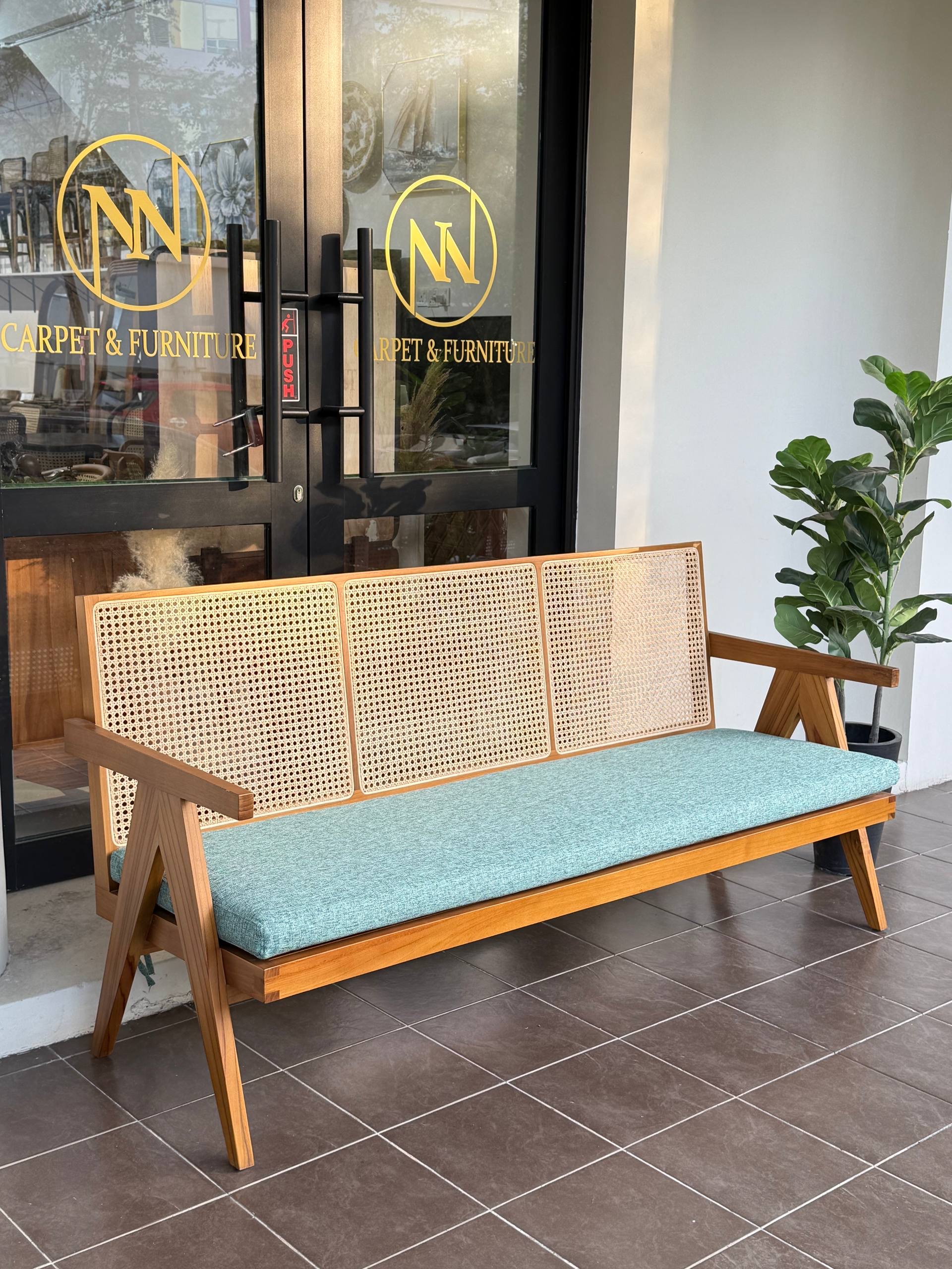Solid Teakwood & Natural Rattan 3 Seater Sofa | Japandi Wooden Bench | Indoor Living Room Sofa