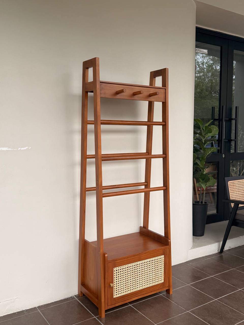Solid Teakwood & Natural Rattan Hall Tree | Entryway Coat Rack | Clothes Hanger with Storage Cabinet | 180cm
