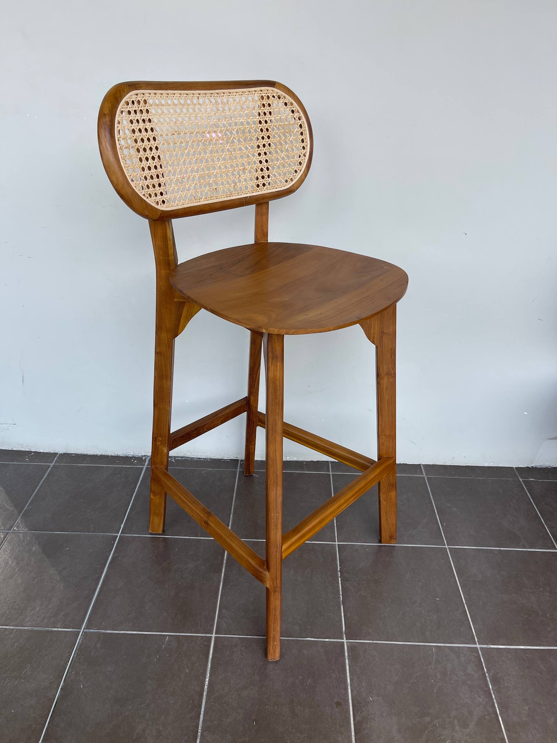Solid Teakwood & Natural Rattan Bar Stool | Scandinavian Japandi Counter Height Chair | Kitchen Island Wooden Bar Chair