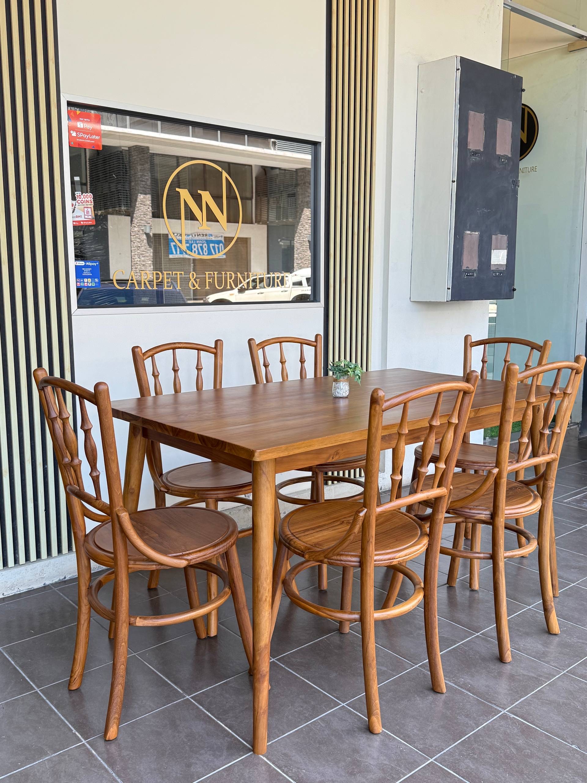 Solid Teakwood 6 Seater Dining Set | Wooden Dining Table with 6 Chairs | Modern Japandi | 80 × 140 cm