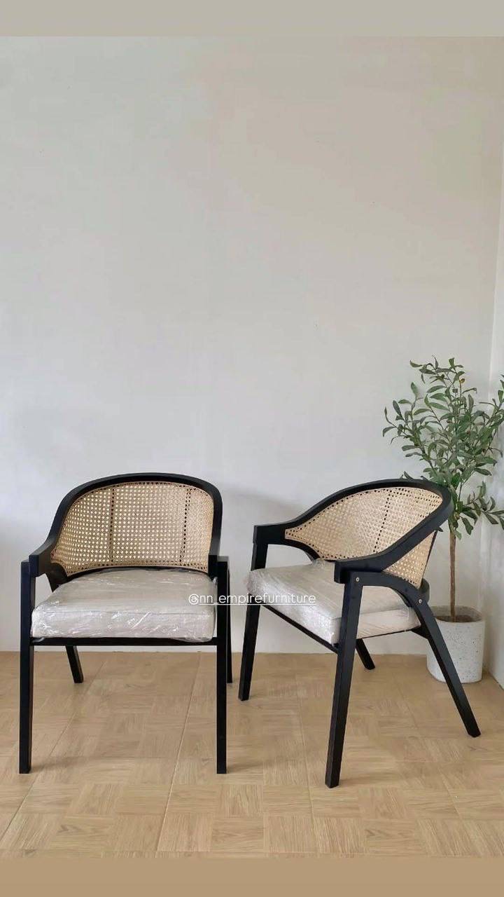 Solid Teakwood Accent Lounge Chair with Natural Rattan & Upholstered Seat | Black Modern Armchair | Japandi Living Room Chair