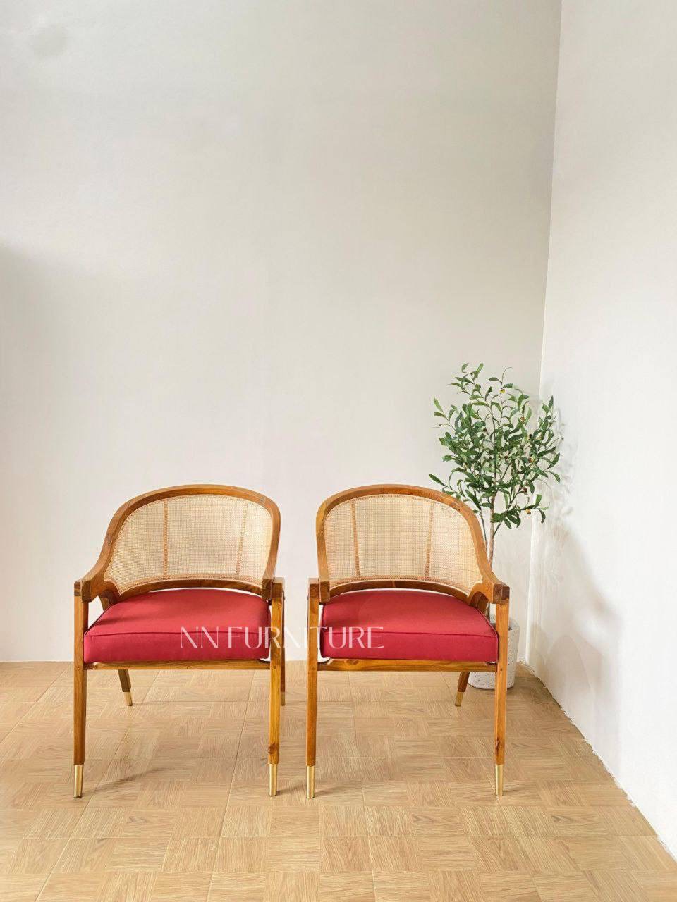 Solid Teakwood Lounge Chair with Natural Rattan & Upholstered Seat | Modern Accent Armchair | Living Room | Cafe | Hotel