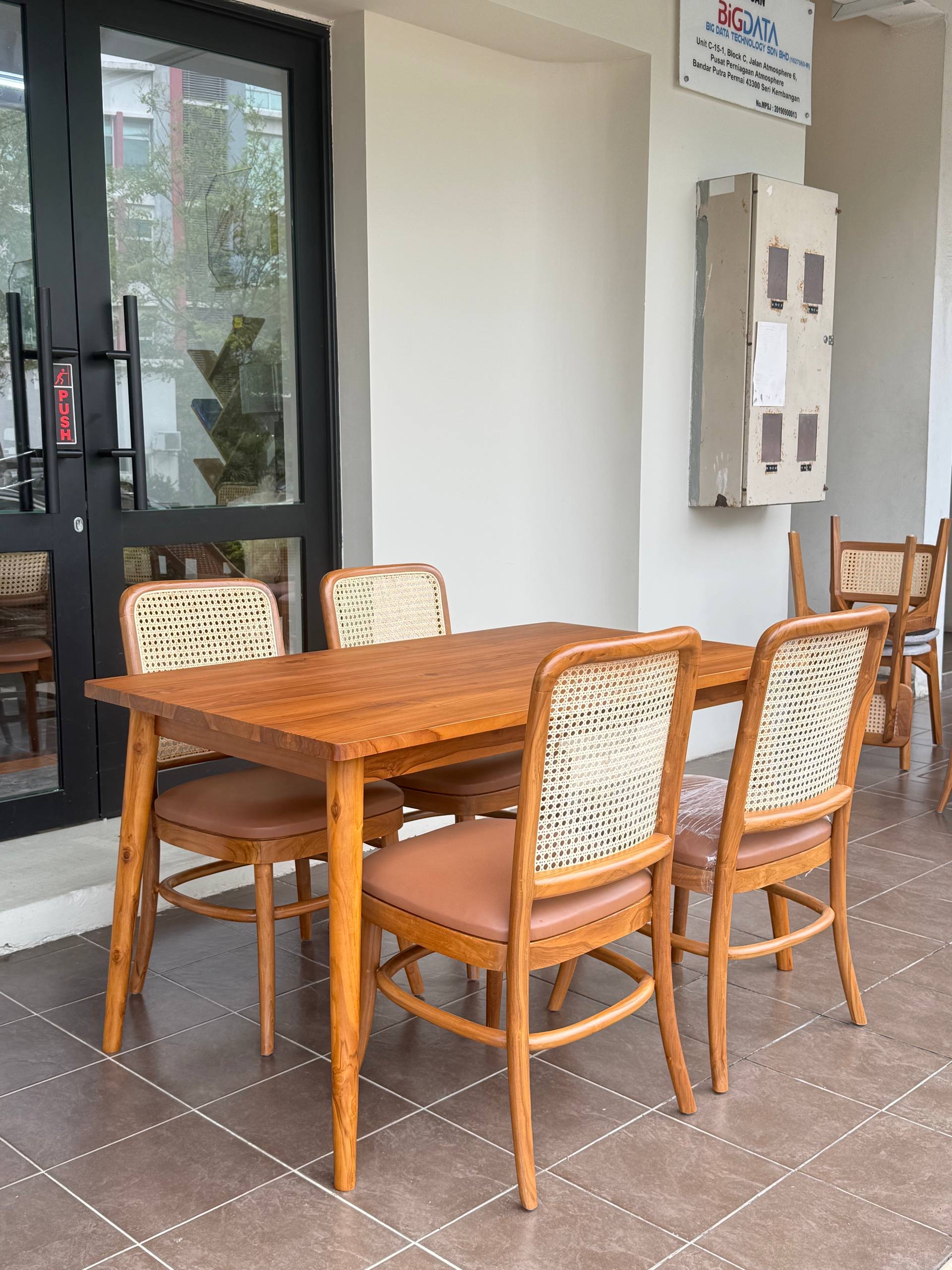 Solid Teakwood Dining Table Set with Natural Rattan Dining Chairs | 6 Seater Wooden Dining Set | Japandi Dining Furniture (80x140cm)