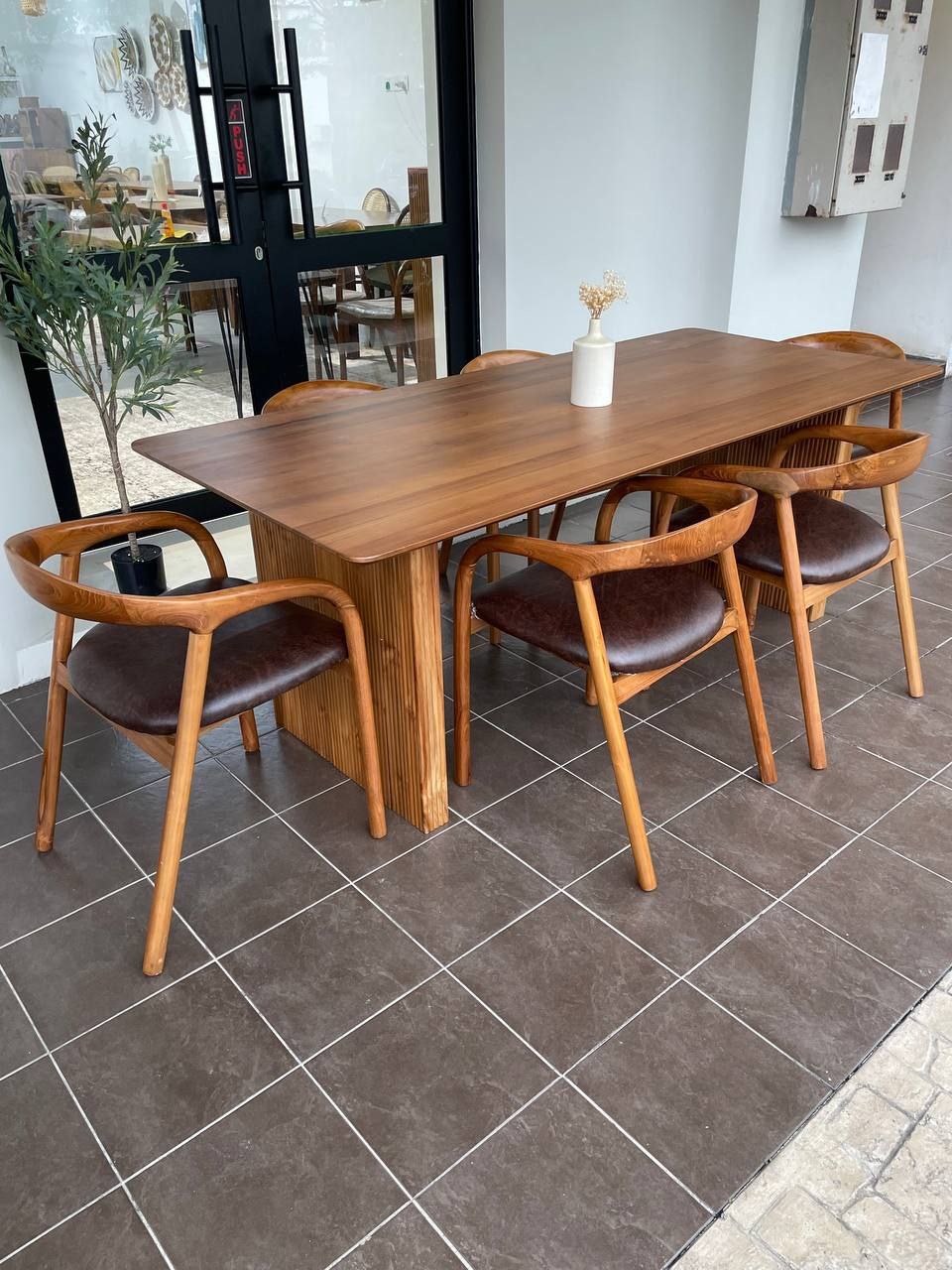 Solid Teakwood Dining Table Set with PU Leather Chairs | 6 Seater Wooden Dining Set | Scandinavian Japandi Dining Furniture (90x200cm)