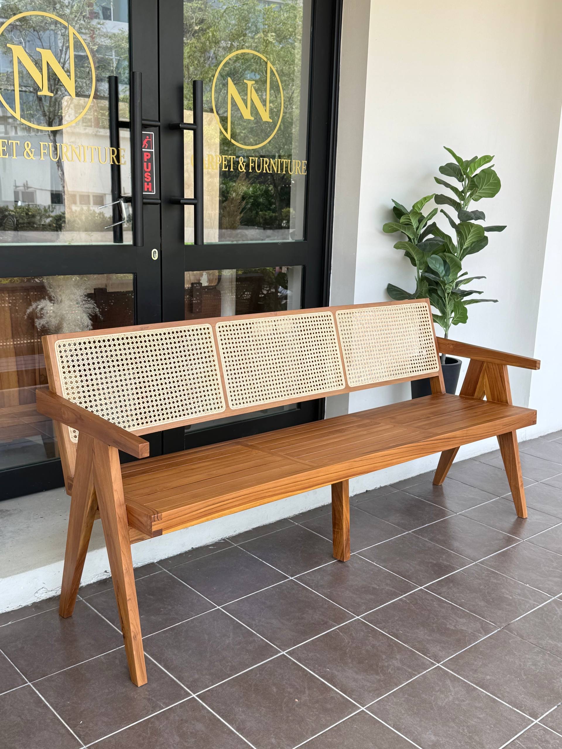 Solid Teakwood Bench with Natural Rattan Backrest | 3 Seater Wooden Bench | Scandinavian Japandi Bench (180cm)