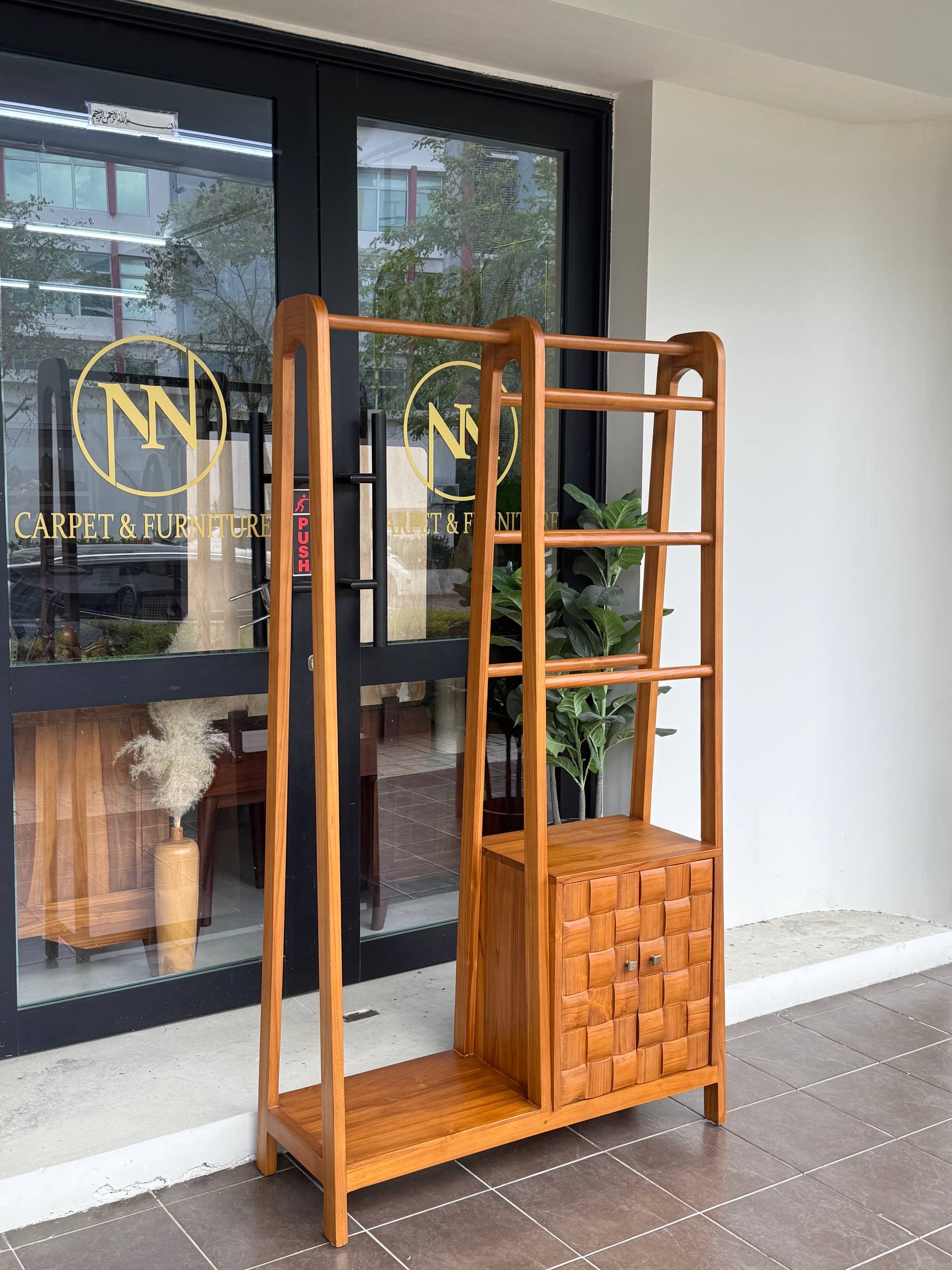 Solid Teakwood Hall Tree with Storage Cabinet | Clothes Rack | Entryway Organizer | Coat Stand | Open Wardrobe (100cm)