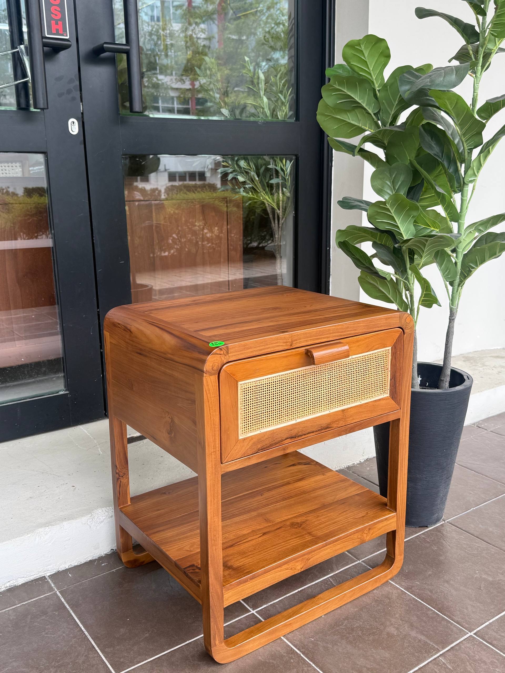 Solid Teakwood & Rattan Bedside Table with Drawer | Modern Wooden Nightstand | Side Table