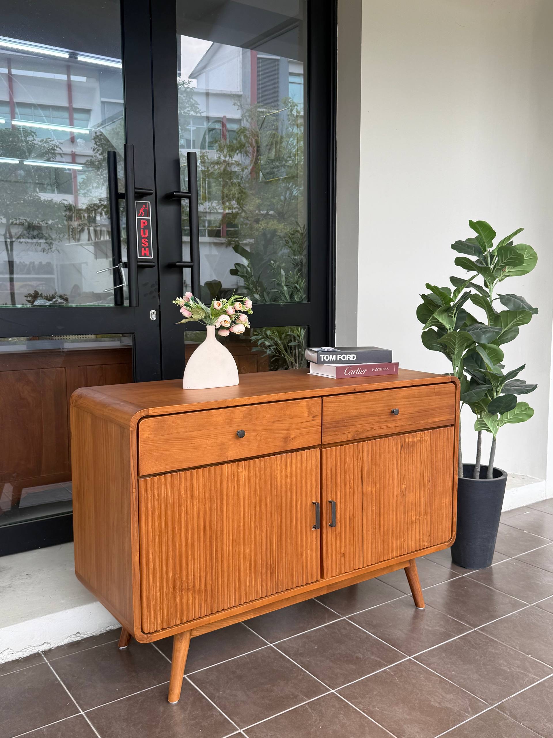 Solid Teakwood Sideboard Cabinet with Fluted Doors | Buffet Cabinet | Storage Cabinet | Console Cabinet (120cm)