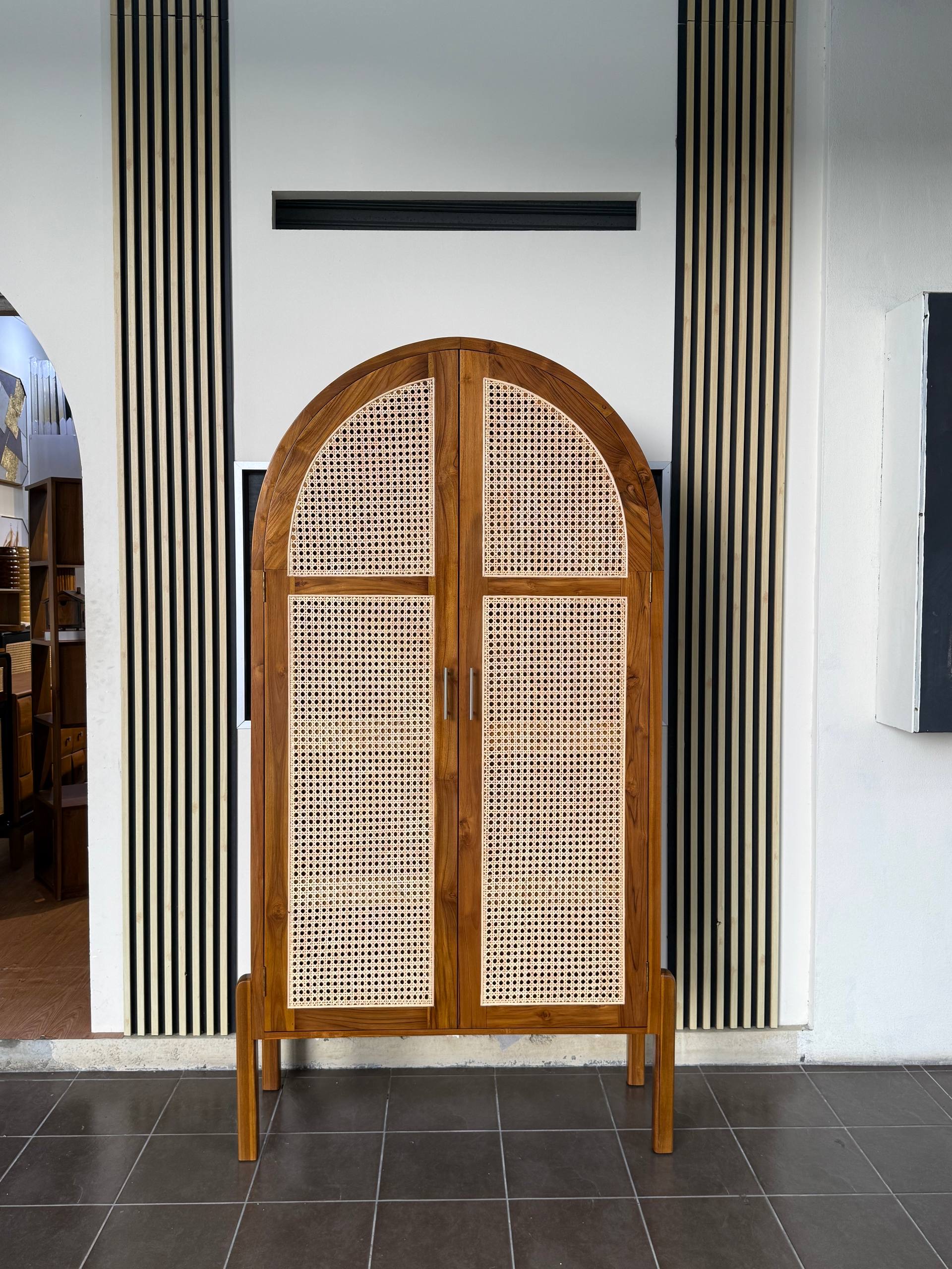 Solid Teakwood & Natural Rattan Arched Display Cabinet | Storage Cabinet | Bookcase | 100 × 40 × 200cm