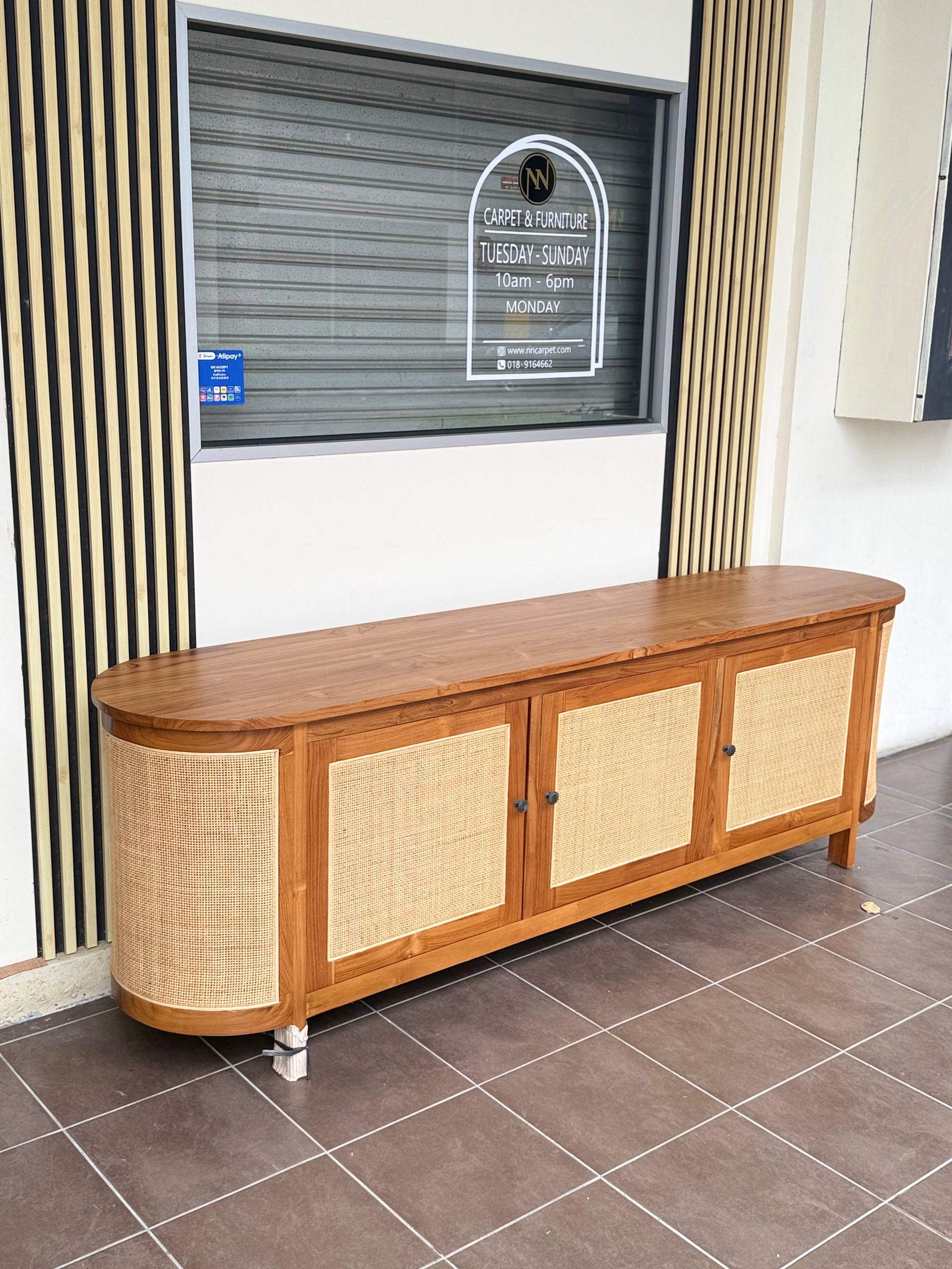 Solid Teakwood & Rattan TV Cabinet | Entertainment Console | Sideboard Cabinet | Japandi TV Console | 200 × 45 × 65cm