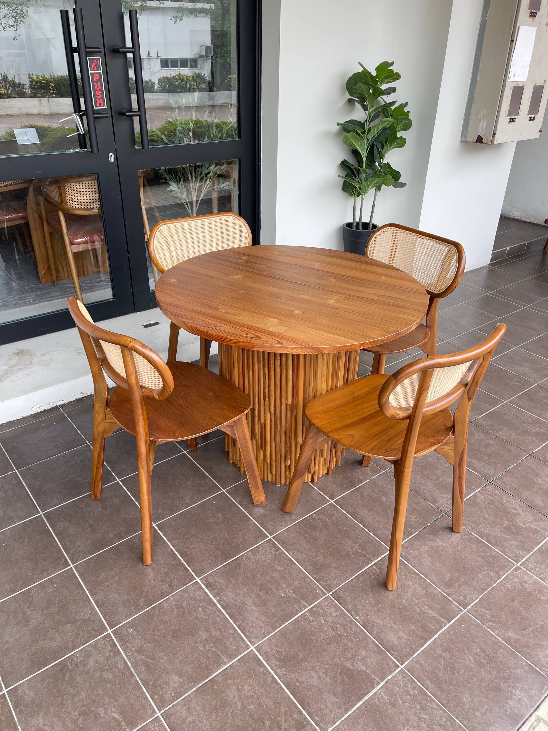Solid Teakwood Round Dining Set | 100cm Round Table + 4 Rattan Dining Chairs | Modern Japandi Dining Set