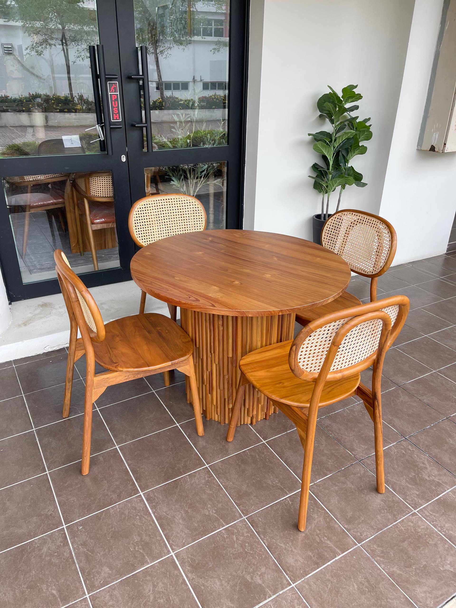 Solid Teakwood Round Dining Set | 100cm Round Table + 4 Rattan Dining Chairs | Modern Japandi Dining Set