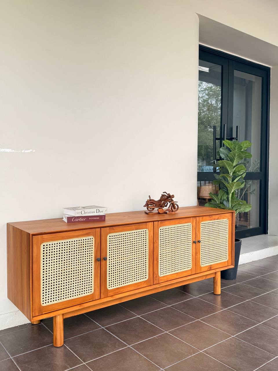 Solid Teakwood & Natural Rattan Sideboard Cabinet | 180cm Storage Cabinet | Modern Japandi Buffet Cabinet